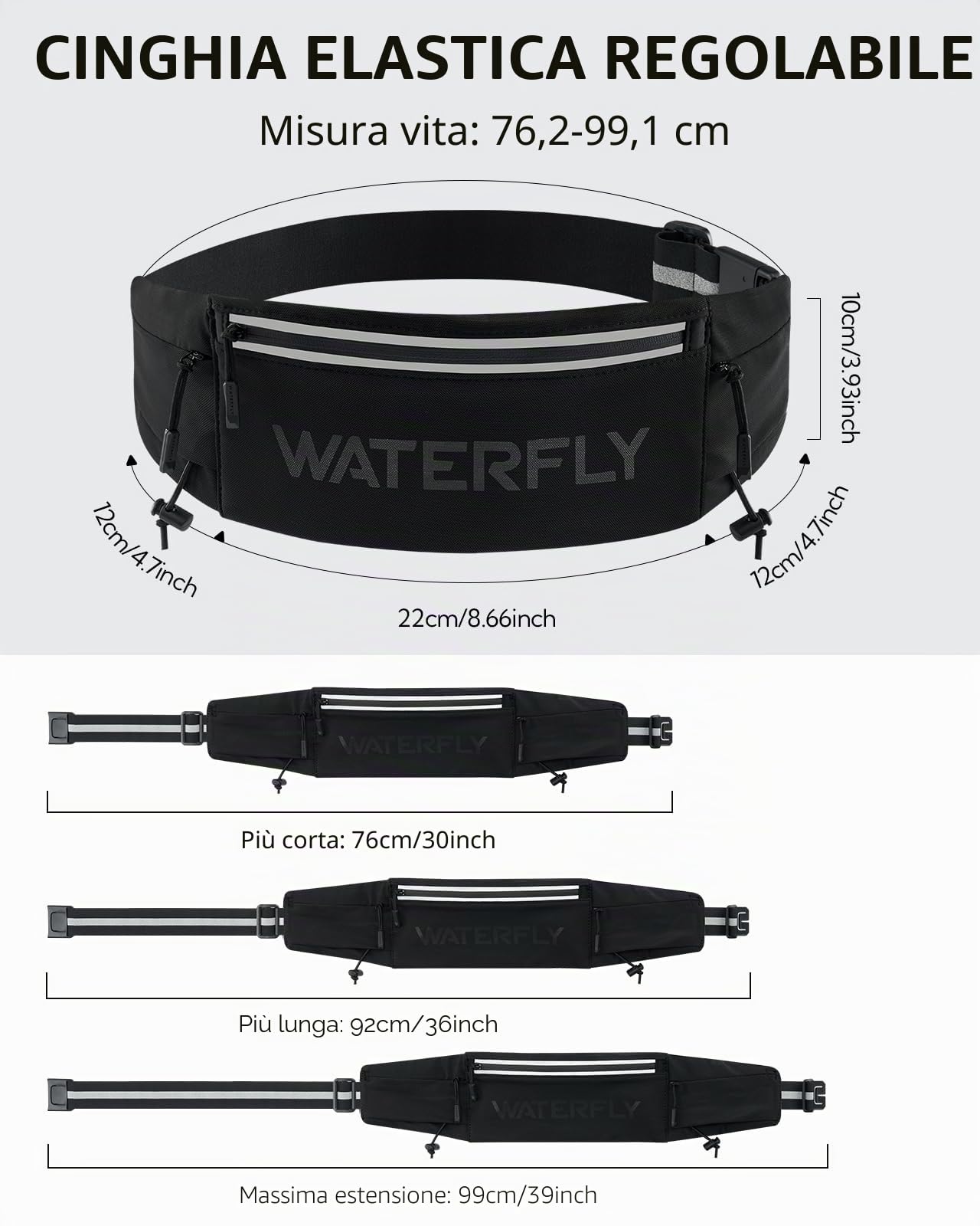 WATERFLY Marsupio Running Cintura da Corsa con Chiusura a clip per Cellulare 3 Tasche Jogging Sportivo