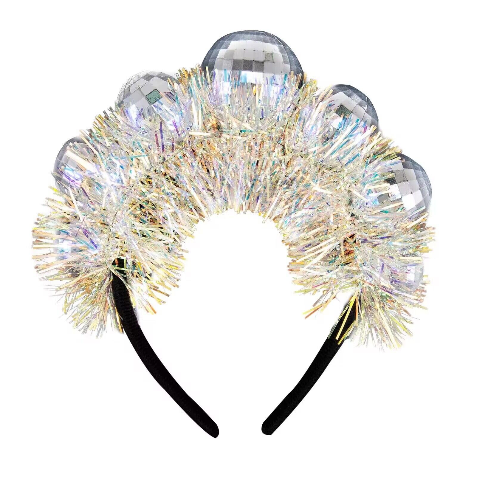Disco Ball Headband for Women Vintage Disco Headband for Women Disco Outfits Accessories Silver Mirror Ball Head Bopper Headband 1970s Disco Headpieces for Women Girls Disco Party Costume Accessories