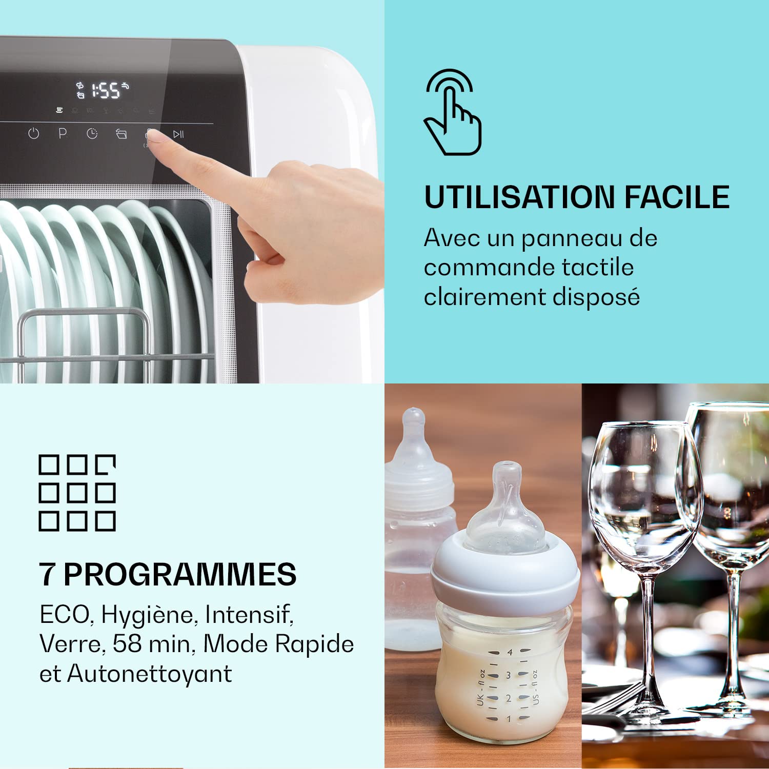 Klarstein Mini Lave-Vaisselle 3 Couverts, 7 Programmes, Silencieux, Compact de Table Portable