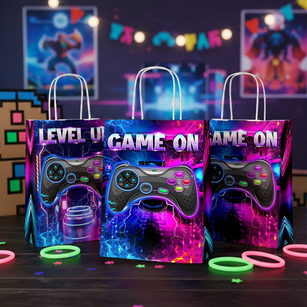 JOYGATHER 24 bolsas de recuerdos de fiesta de jugadores con asas, bolsas de regalo de videojuegos, bolsas de regalo, bolsas de dulces con 2 tipos diferentes, bolsas de papel kraft para juegos para