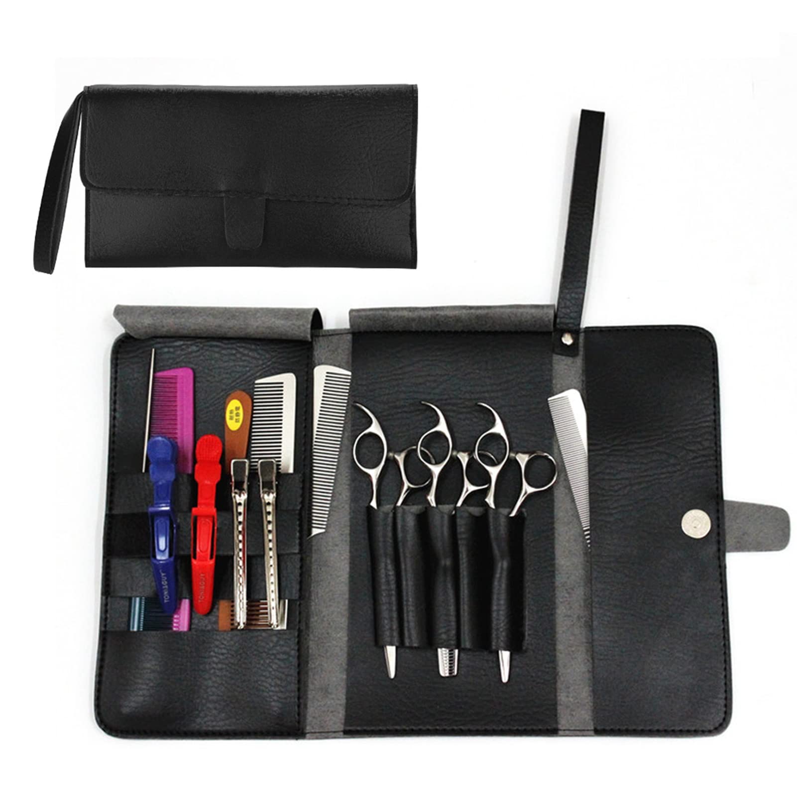 Wisecoco Bolsa para Guardar Herramientas de Peluquería, Bolsa de Tijeras de Peluquería de Cuero Profesional, Multifuncionales Portátiles Tijeras Peine Estuche de Almacenamiento, para Peluqueros(Negro)