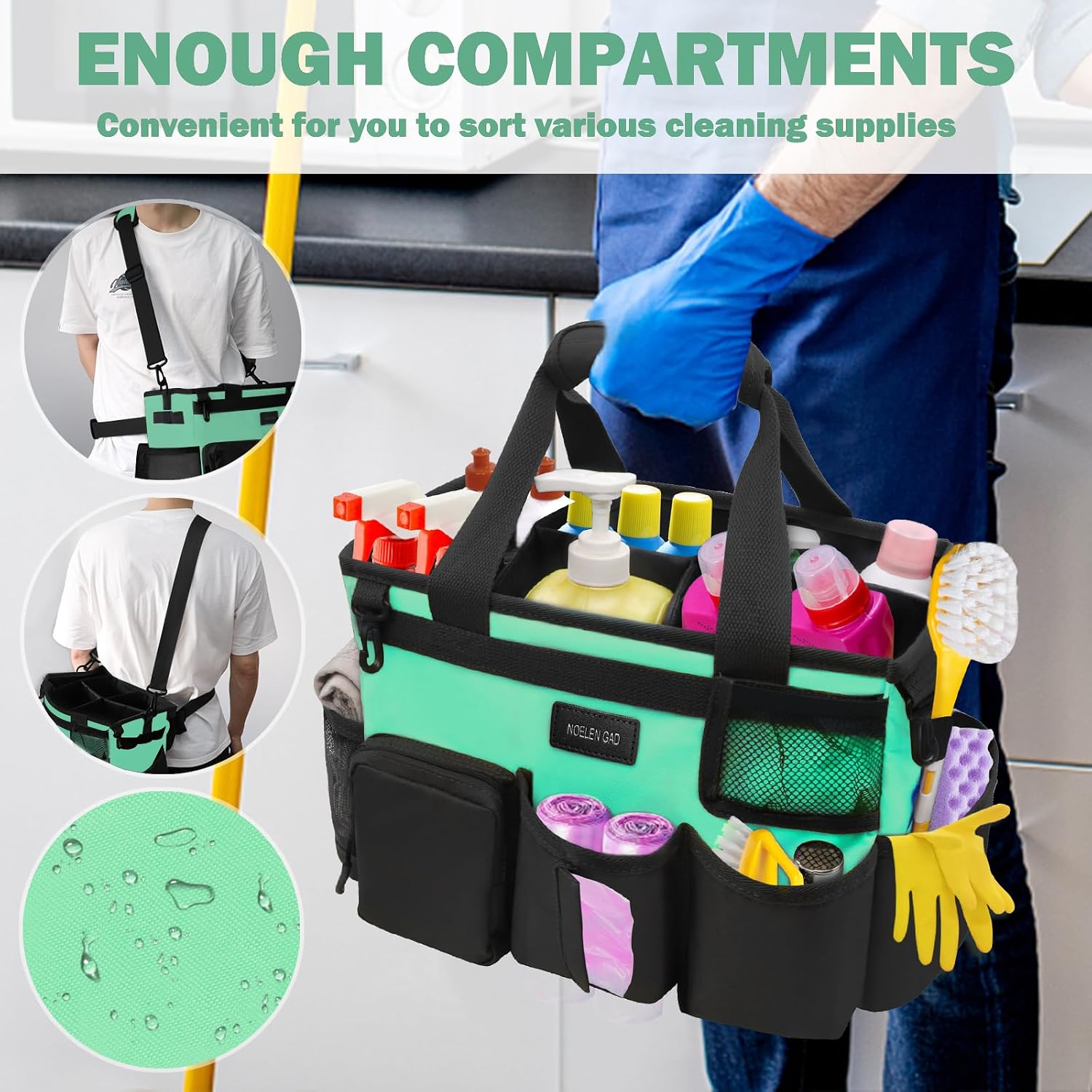 Wearable Cleaning Caddy Bag,Cleaning Supply Tote for Cleaning Supplies, Cleaning Organizer with Adjustable Shoulder and Waist Straps for Cleaners Housekeepers (Lake Green and Black, Large)