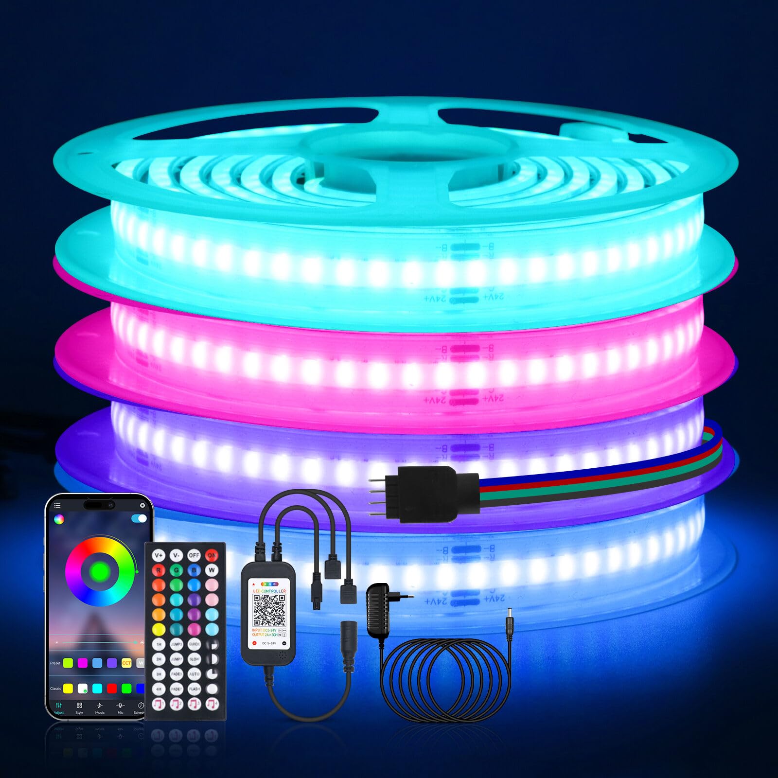 12V RGB COB LED Streifen, Wasserdicht IP68 576 LEDs/m 16 color Dimmbar Selbstklebend Bandlicht mit 44 Tasten IR Bluetooth Musik RGB Controller für Küche Wohnzimmer Heim Garten im Freien Deko