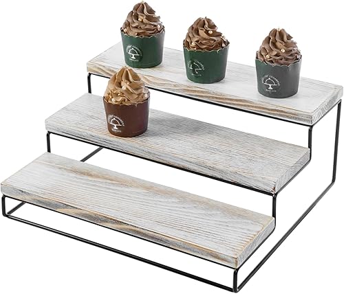 MyGift Soporte para cupcakes de 3 niveles, de madera maciza lavada en blanco desgastado y alambre de metal negro mate en cascada para escalera,