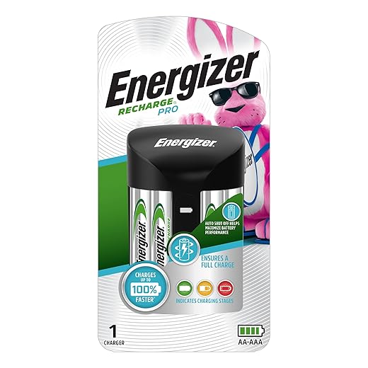 Energizer AA and AAA Battery Charger with 4 AA NiMH Rechargeable Batteries, Recharge Pro Battery Charger for Double A Batteries and Triple A Batteries