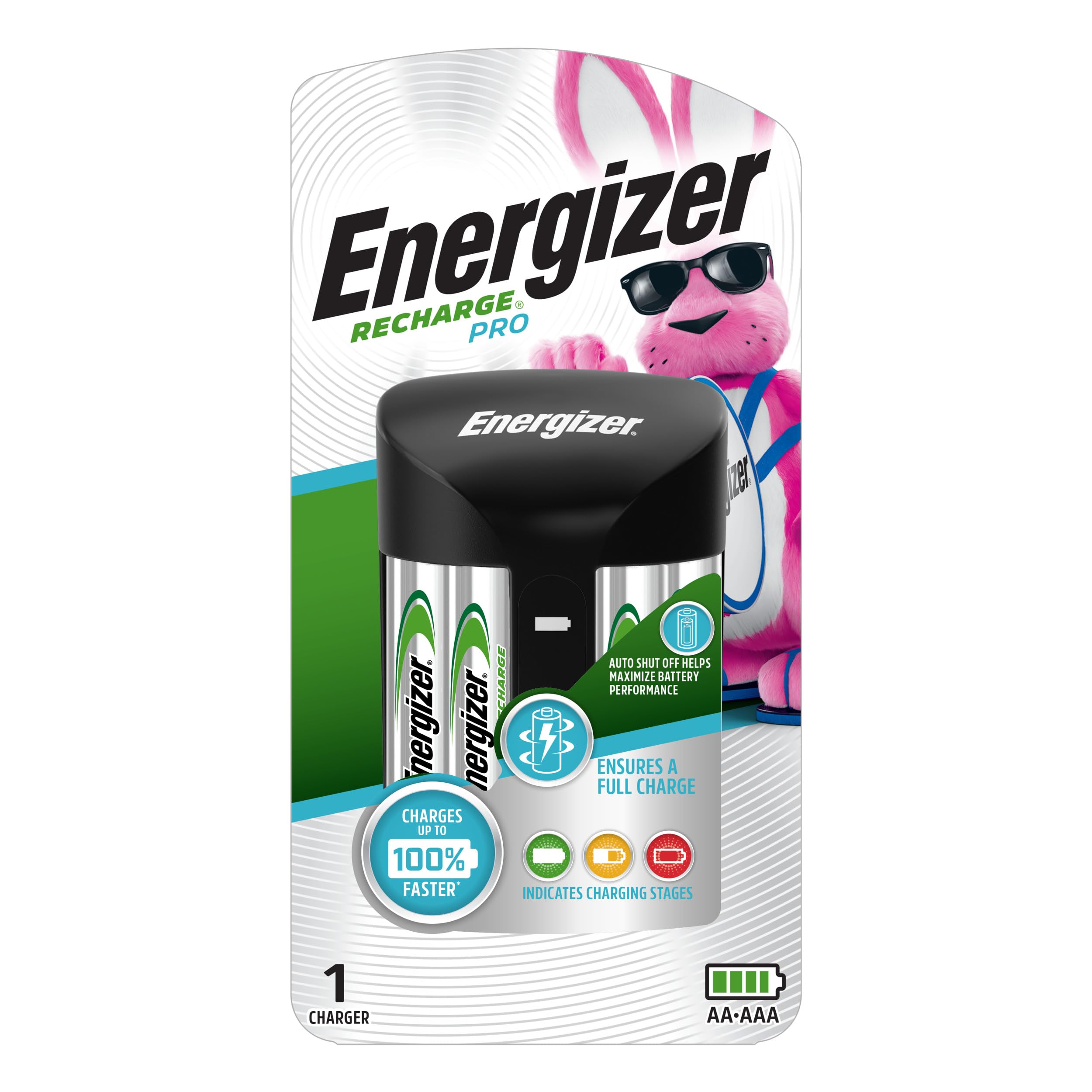 Energizer Rechargeable AA and AAA Battery Charger (Recharge Pro) with 4 AA NiMH Rechargeable Batteries, Auto-Safety Feature, Over-Charge Protection