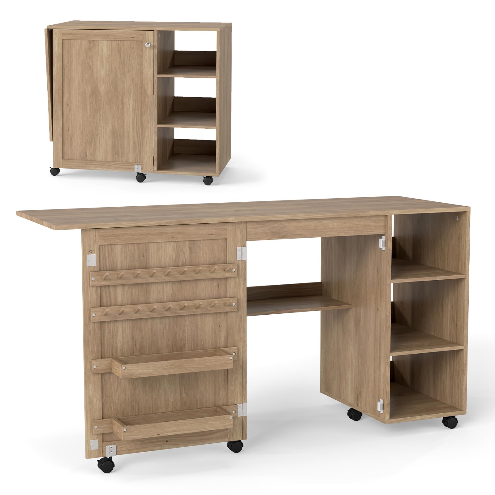 GIANTEX Armario de Costura Plegable con 6 Ruedas (Marrón, sin Cajón) | Mesa de Coser con Estantes Abiertos y Portacarretes, 146x50x78 cm, Mesa Multiusos 2 en 1 para Dormitorio, Salón y Estudio
