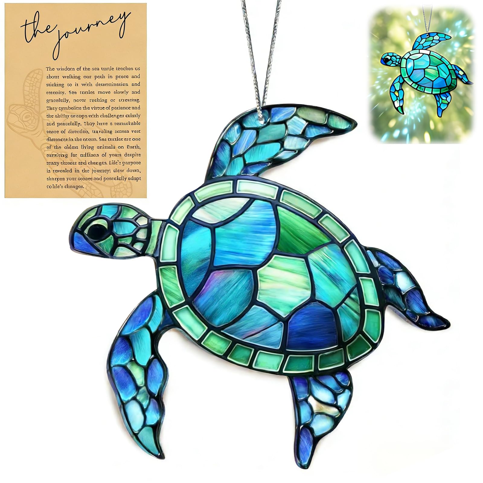 Blue Turtle Suncatcher with Inspirational Card, Acrylic Stained Glass Style Sun Catcher for Windows, Cosy Turtle Ornament, Hanging Decorations for Shelf Wall and Garden
