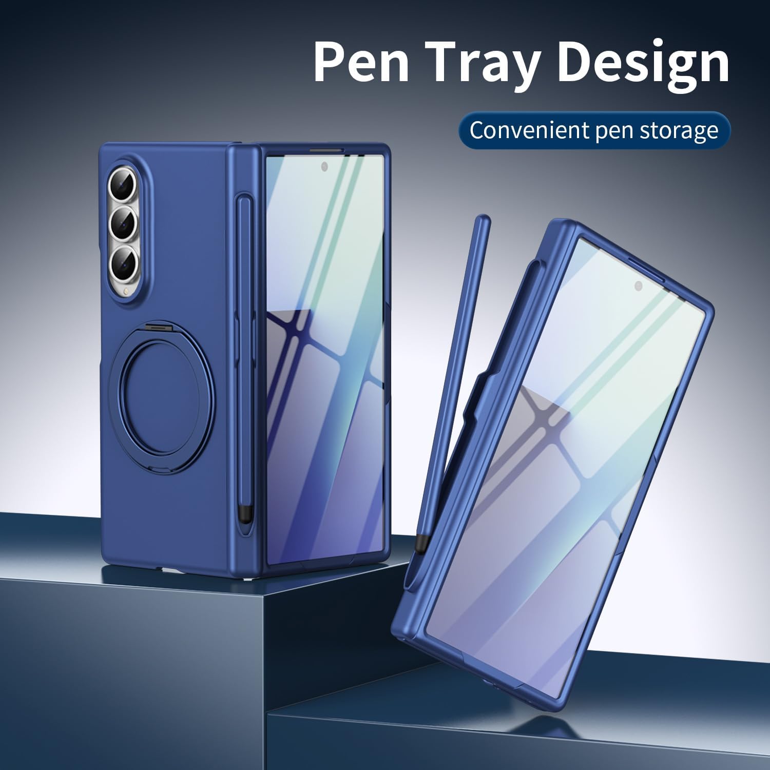 360° Spin Magnetic Stand for Galaxy Z Fold 4 Case, Hinge Protection, Fit for Mag-Safe, 360 Kickstand & Ring Holder, Case for Samsung Galaxy Z Fold4 with a Stylus Pen-Blue