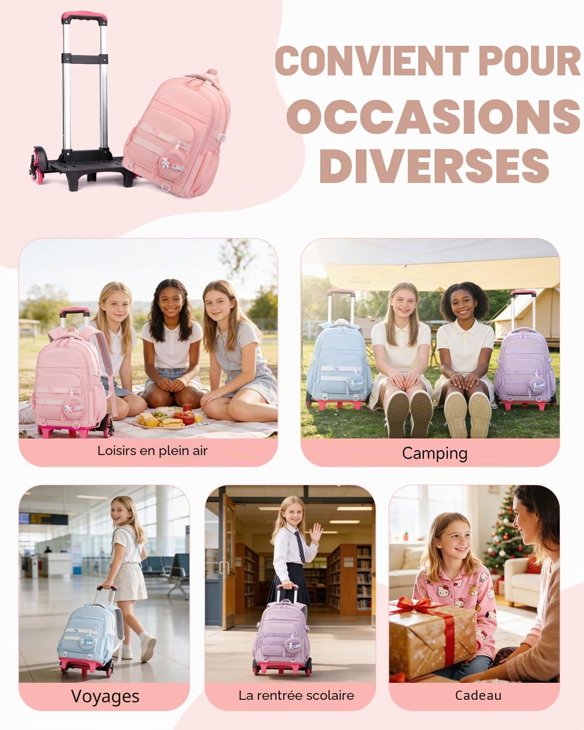 Amythe Cartable à Roulettes Fille 9-16 Ans, Sac à Dos École Primaire avec Chariot Démontable, 6 Roues, 21L Sac D'école à Roulettes avec pour Filles, Rose
