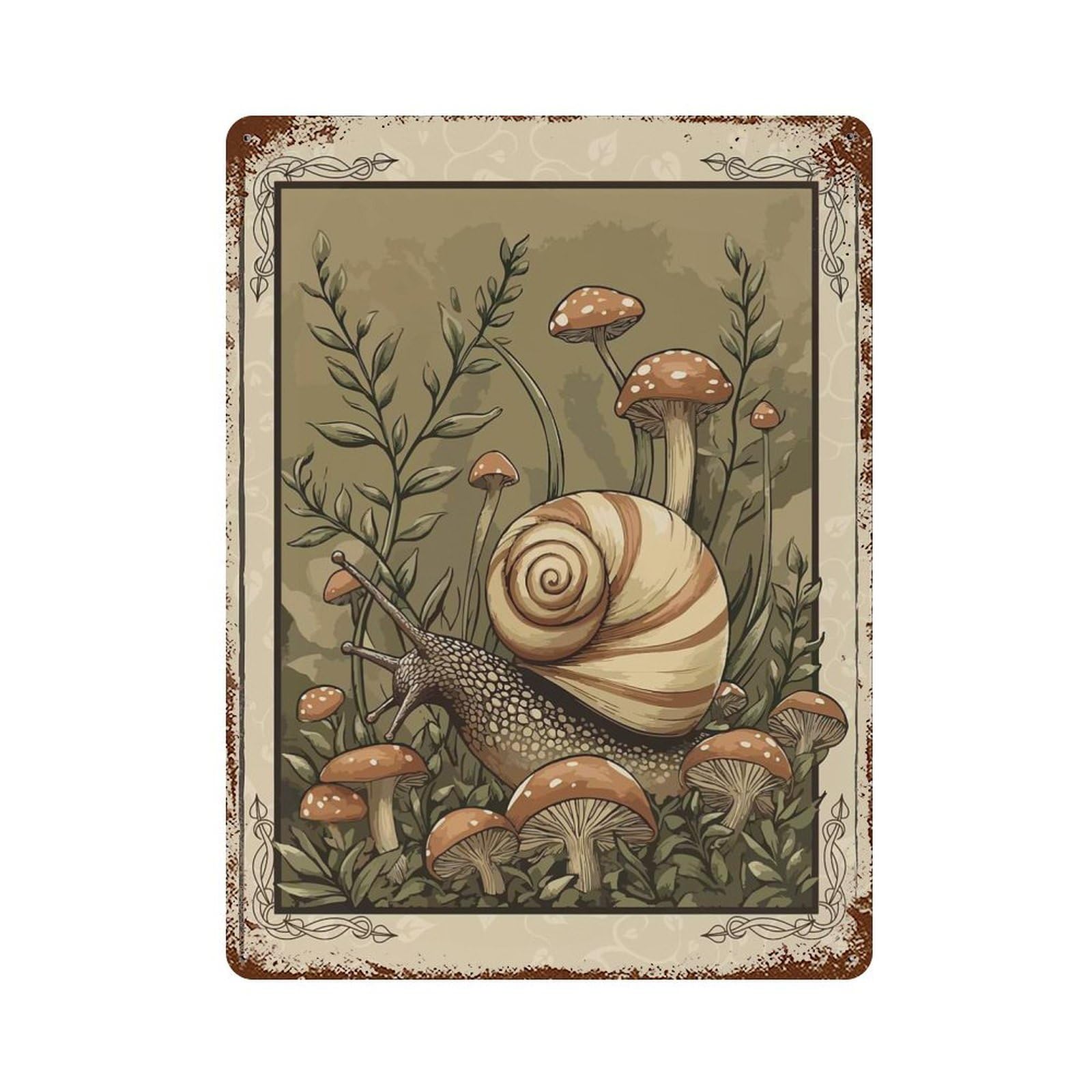 Aged Metal Wall Plaque with Snail And Mushrooms Cottagecore Design 15.7"x11.8", for Pub, Kitchen And Man Cave Decor, Shabby Chic Decor