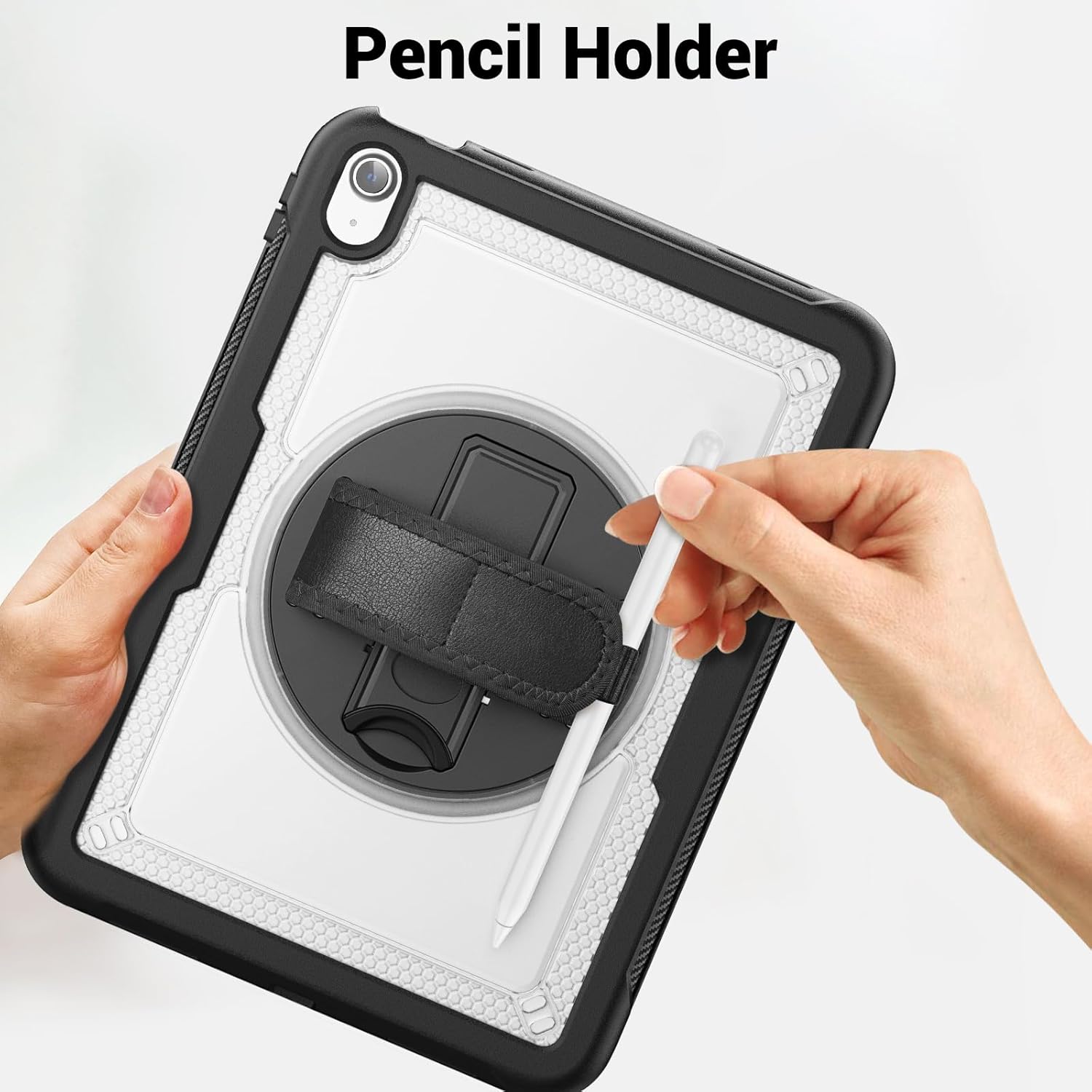 Case for iPad (A16) 11th/10th Generation 11/10.9 inch 2025/2022, Full-Body Drop Protection Cover with Screen Protector, 360° Rotating Hand Strap/Stand, Pencil Holder, Transparent Black
