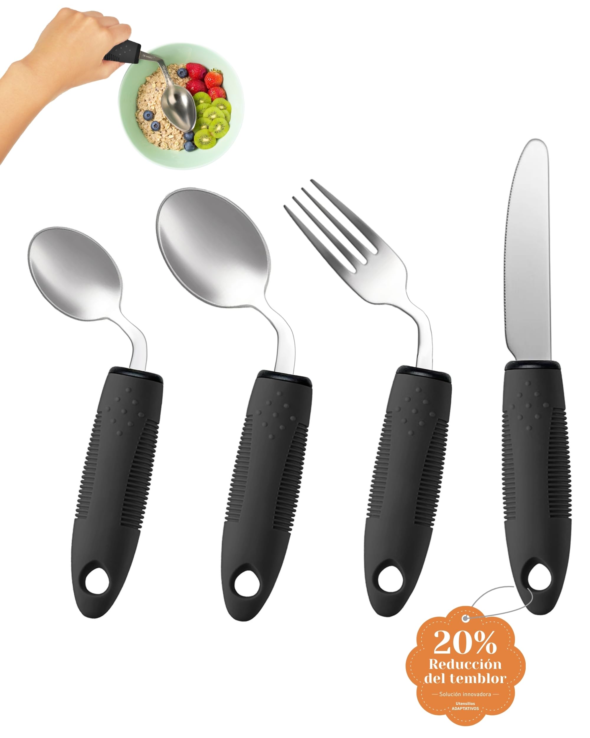 Set de Utensilios Adaptativos (4 Piezas) - Cubiertos Pesados de 3 oz y 42° de Inclinación para Parkinson, Temblores en las Manos y Artritis (Para Diestros)