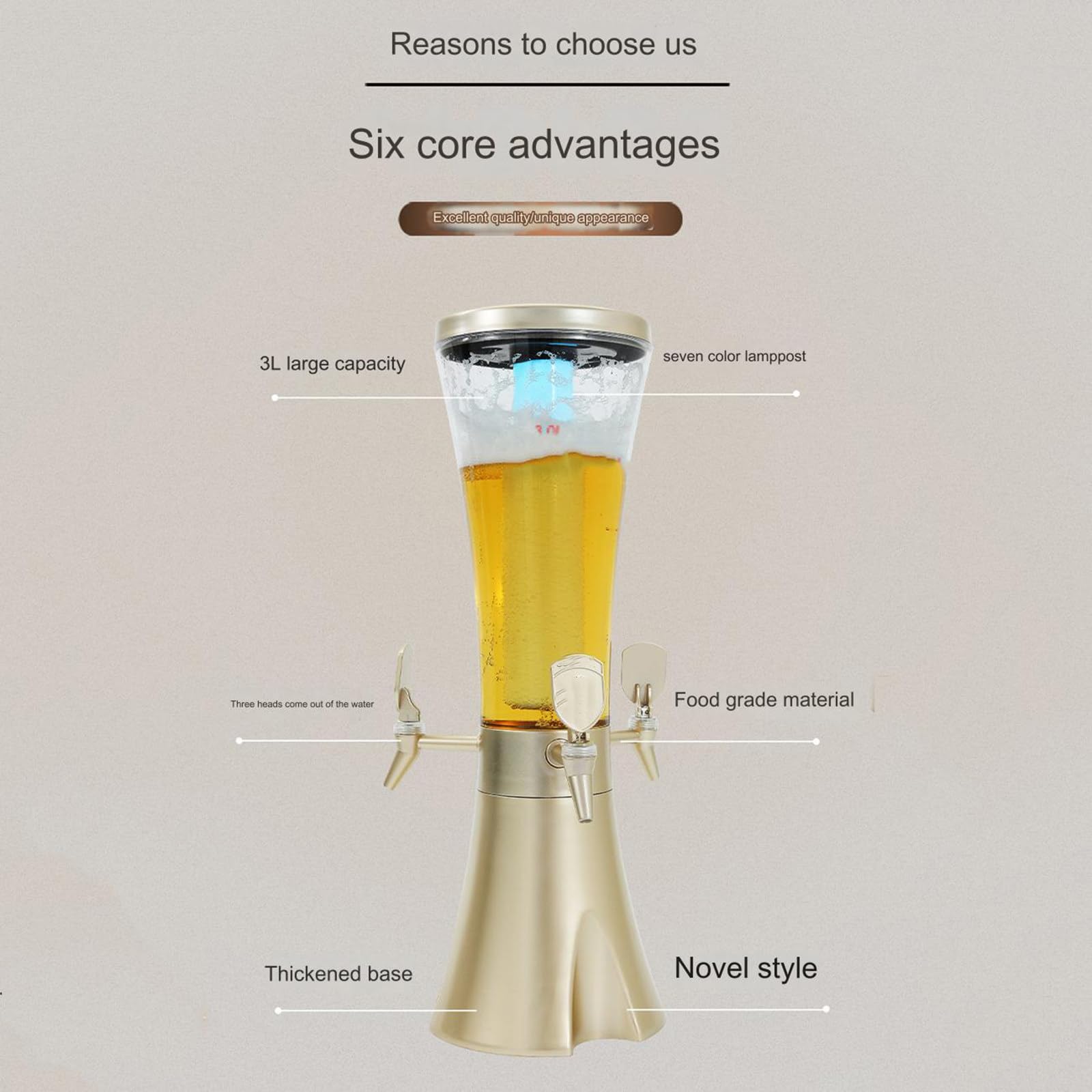 Dispensador De Torre De Cerveza De 3L, Dispensador De Alcohol Portátil De 3 Grifos con Luz Led Y Tubo De Hielo para Restaurante, Bar, Buffet,C