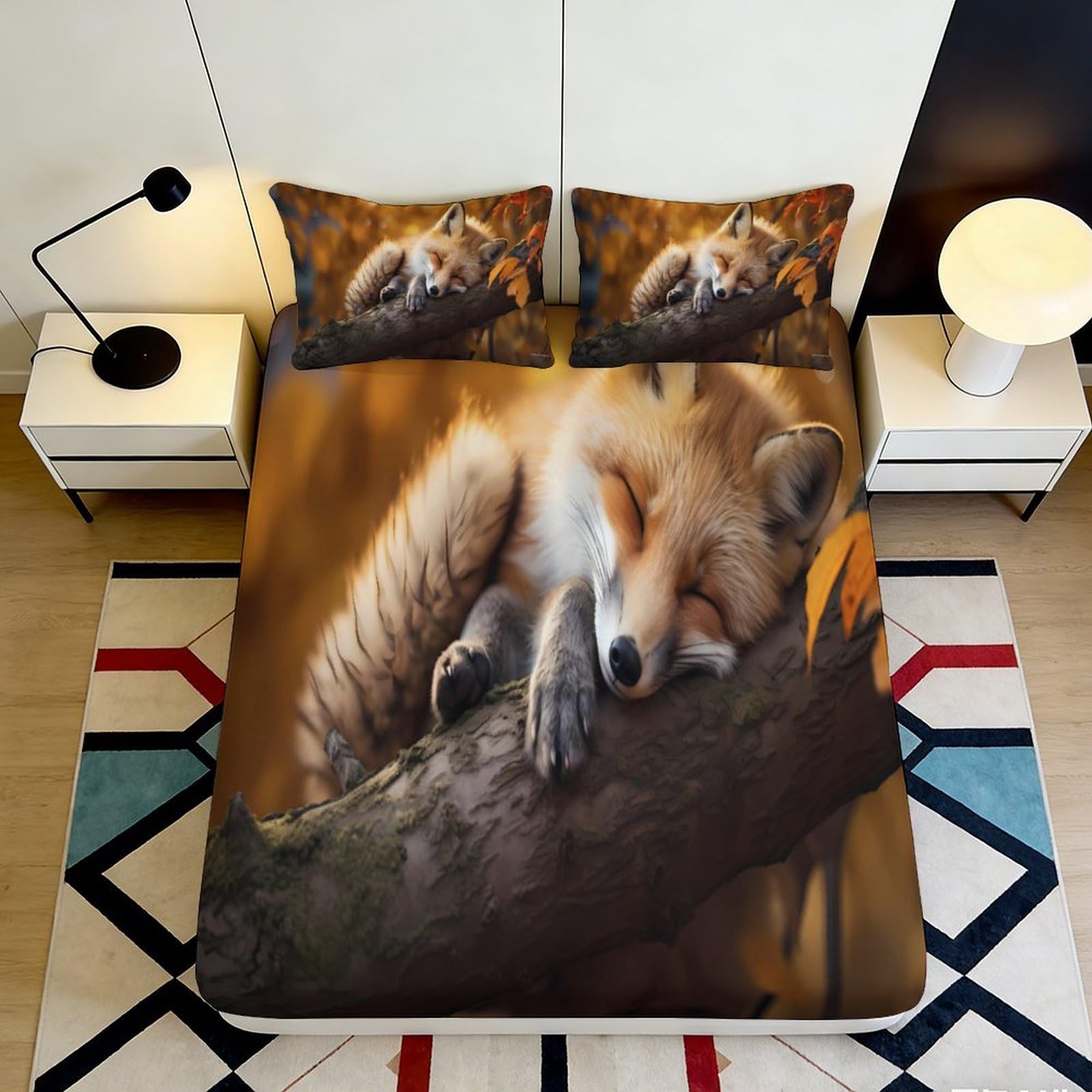 3D Printed Sleeping Fox Fitted Sheet Microfiber Soft Anti-Slip Autumn Forest Mattress Cover Bedroom Decor 90x200x25cm