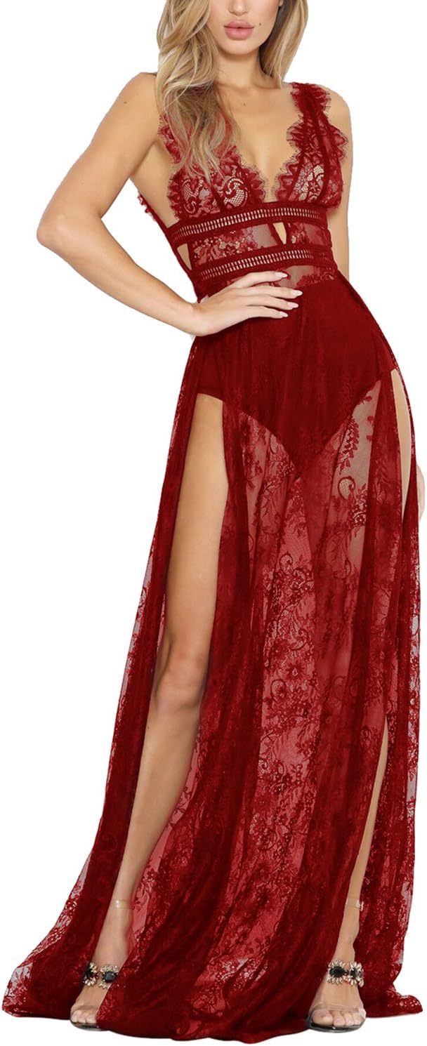 Meenew Women's Sleeveless See-Through Lace Lingerie Gown Maxi Long Dress Ruby XL