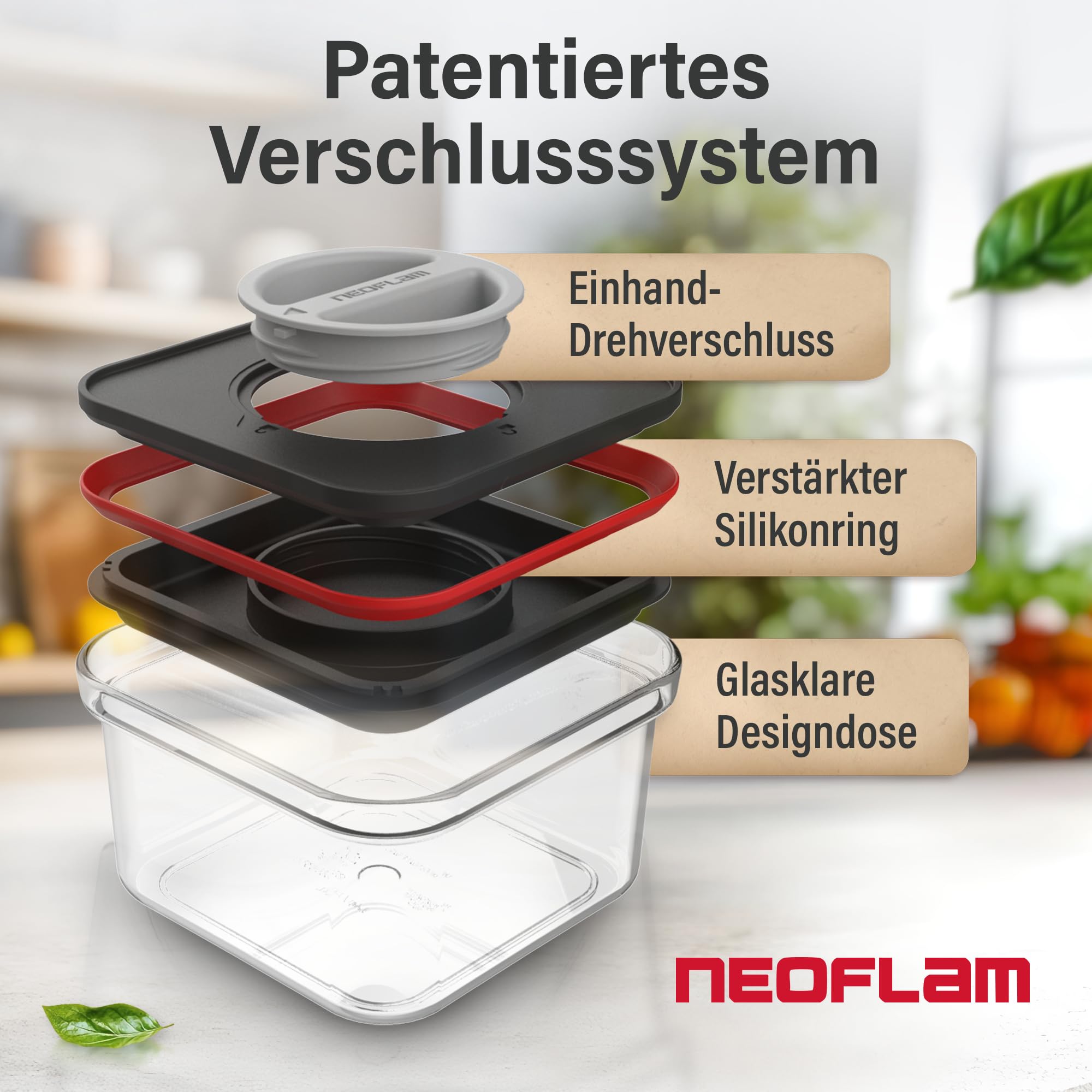 Neoflam Contenitori con coperchio, ermetici, set da 4 pezzi, senza BPA, con chiusura a vite con una sola mano, contenitori salvafreschezza per alimenti, coperchio nero, 2 x 1,35 l, 2 x 2,1 l