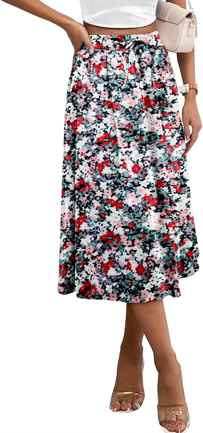 Angerella Womens Skirt Midi High Waist A-Line Casual Floral Print Trendy Bohemia Work Elegant with Pockets - Image 2