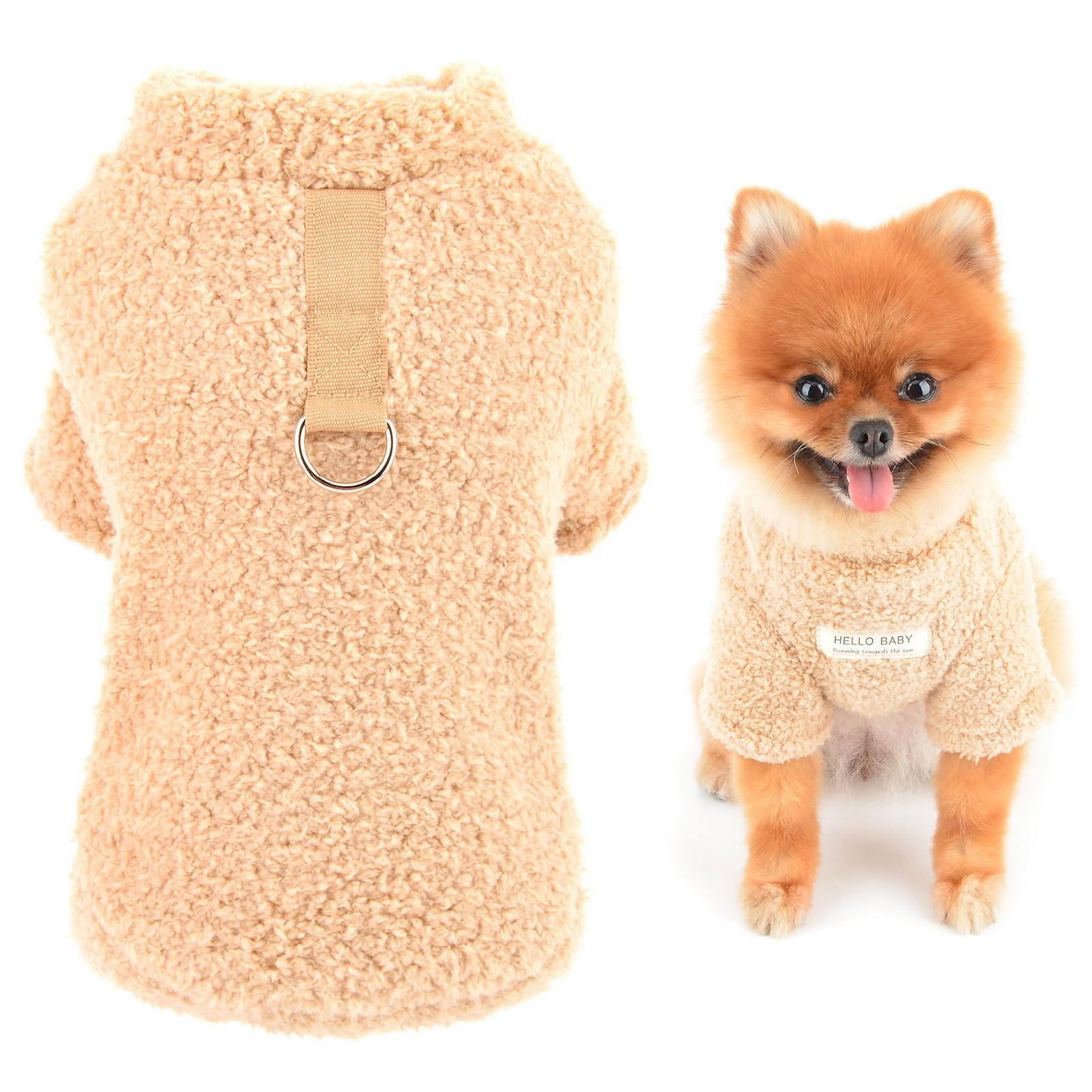 SMALLLEE_LUCKY_STORE Dog Fleece Jumpers for Small Dogs, Solid Pet Pullover Sweatshirt with Letter Patch and D-ring, Puppy Outfits Yorkie Chihuahua Warm Sweater Winter Fall Clothes, Khaki, M