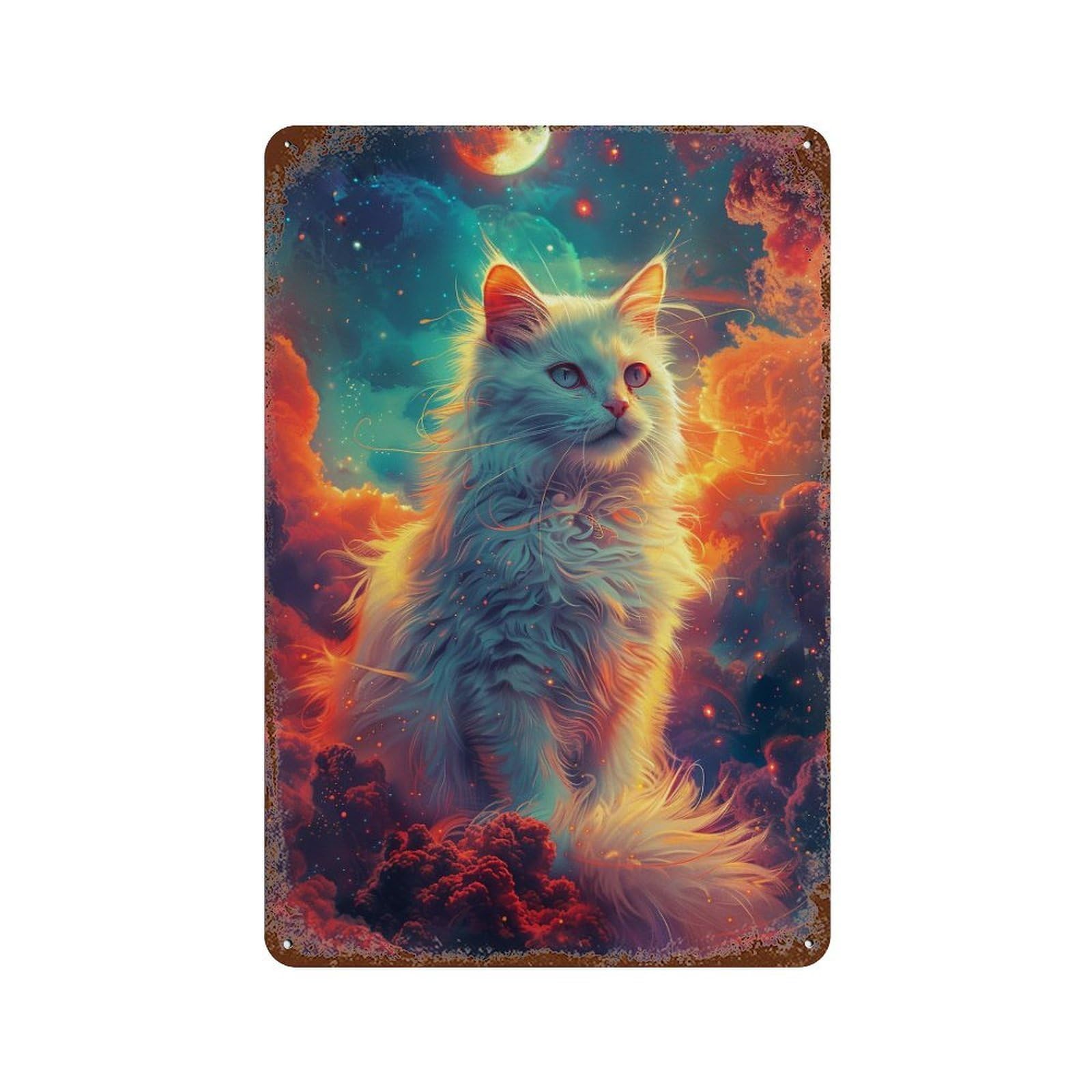 Cosmic Cat Fantasy Art Vintage Metal Tin Sign 11.8"x7.9", Rustic Home Decor for Garage, Bar And Workshop Decor