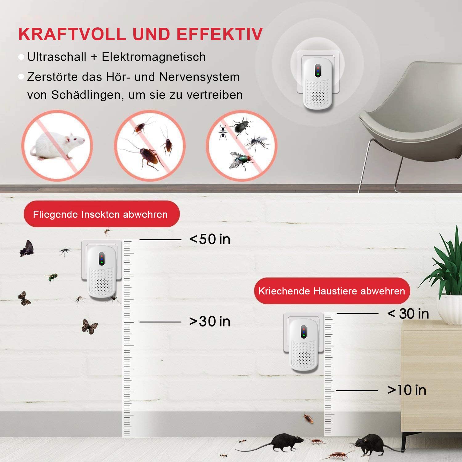 Ultraschall Mäuseabwehr Mäusevertreiber Mäuseschreck - Dual-Frequenz Schädlingsbekämpfer gegen Ratten, Kakerlaken, Insekten | ABS (Weiß)