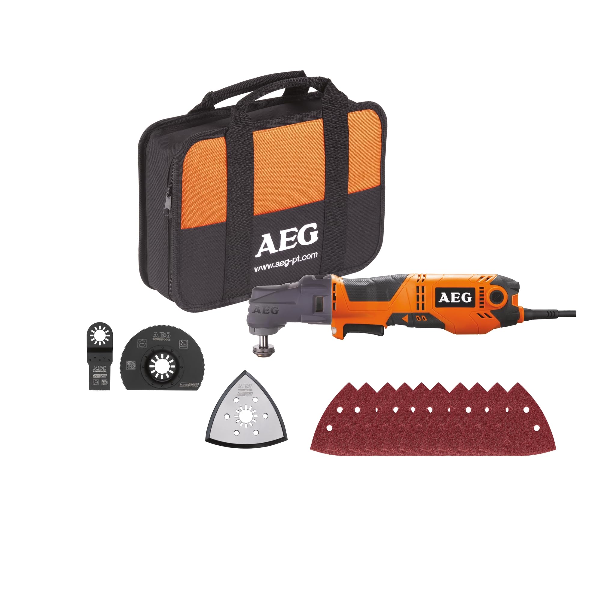 AEG - Outil Multifonction OMNI 300 – Tête Interchangeable, Moteur 300W, Accessoires multiples, Polyvalent pour Découpe, Ponçage, Déjointage – Idéal Chantier et Rénovation