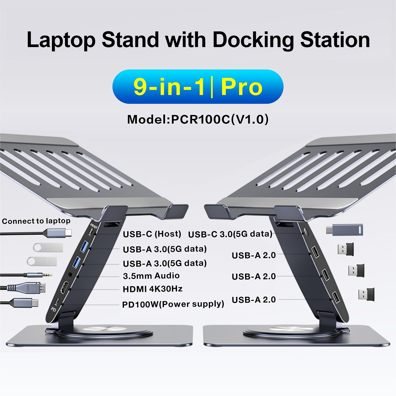 Laptop Docking Station Stand Dual Display 4K HDMI USB3.0 3.5mm Audio Jack 9-IN-1 360° Swivel Laptop Stand for Desk with USB-C Hub Multiport Adapter Universal for MacBook Pro/Air/Dell/HP/Surface/Lenovo - 3
