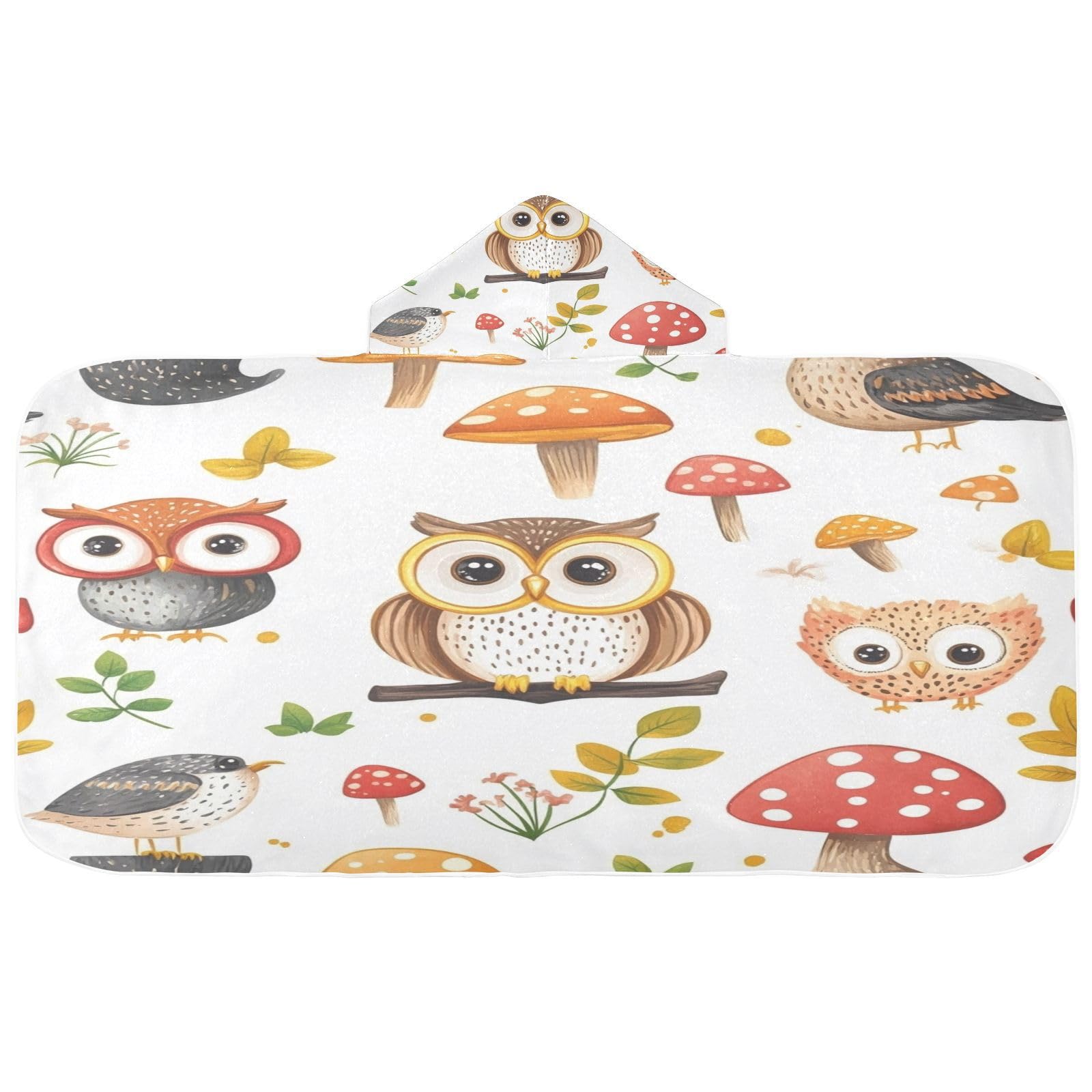 Kigai Owl Mushroom Hooded Beach Towel for Kids Soft Absorbent Quick Dry Bath Towel with Hood Lightweight Toddler Shower Pool Bath Wrap for Boys Girls