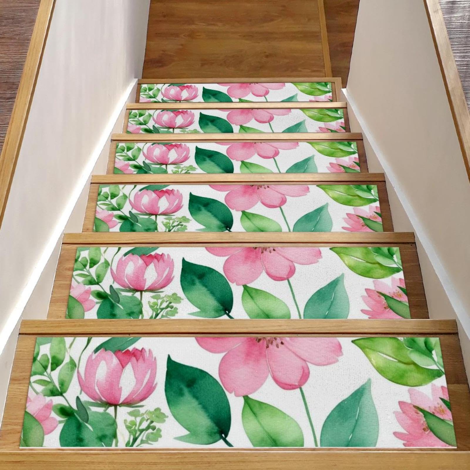 Tapis de marche d'escalier antidérapant à motif feuilles vertes pour marches en bois x15