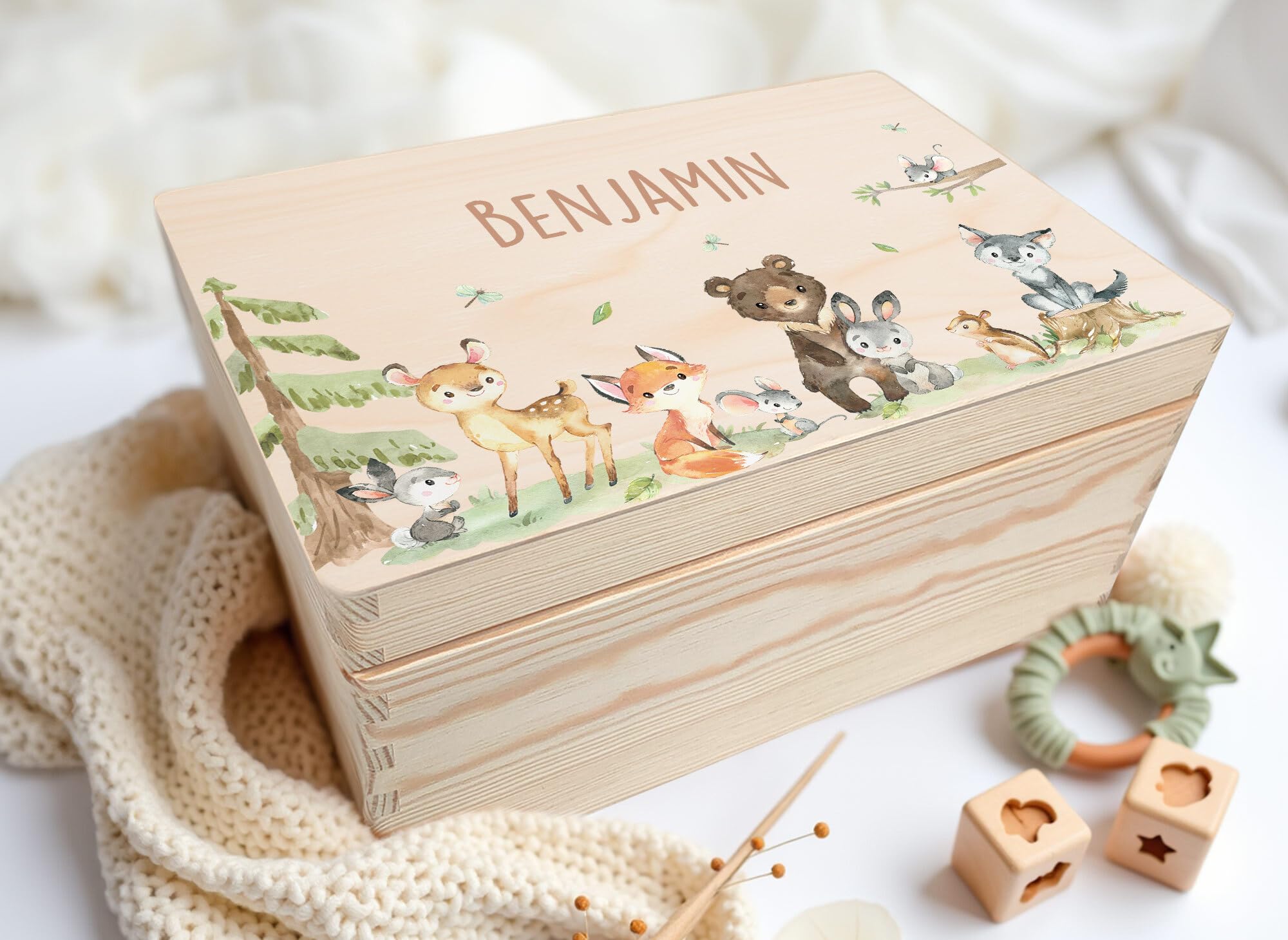 Little Deco Personalisierte Erinnerungsbox Baby Holzkiste | L - 40 x 30 x 22 cm | Waldtiere Geschenk Geburt Taufe Geburtstagsgeschenk Erinnerungskiste für Mädchen & Jungen XHL1003-02