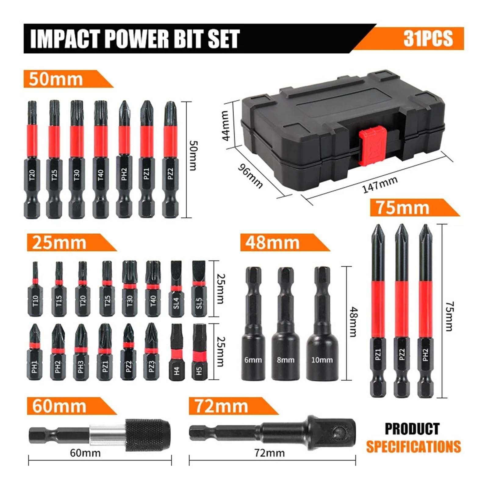 Set di punte for cacciavite da 31 pezzi, lega durevole, finitura lucidata a olio, impermeabile, include bussole Torx esagonali Phillips con custodia