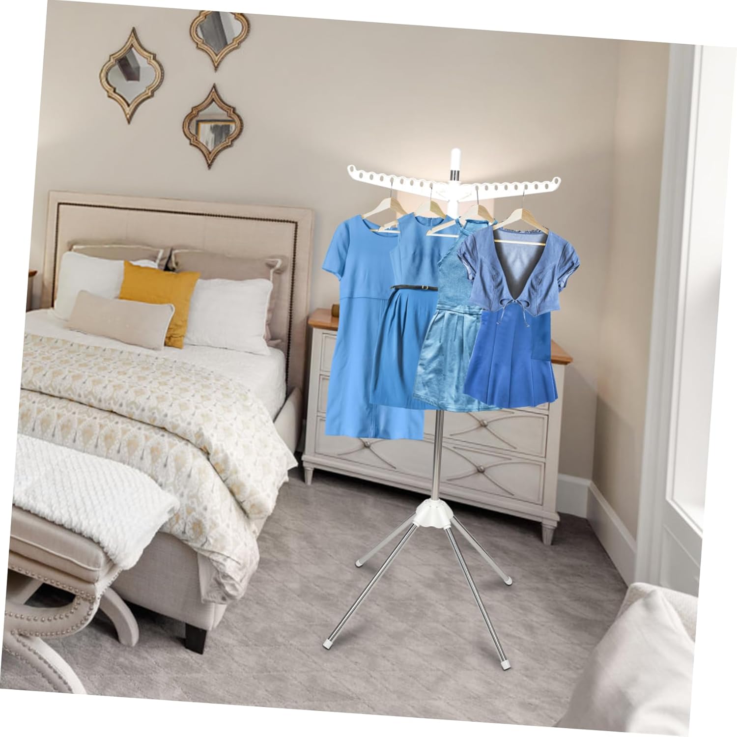 Cabilock Rotatable Clothes Drying Rack Detachable Ironing Board Holder Space Saving Single Three Arm Ivory White Garment Hanger Stand for Indoor Laundry and Steam Handheld Garment Steamer