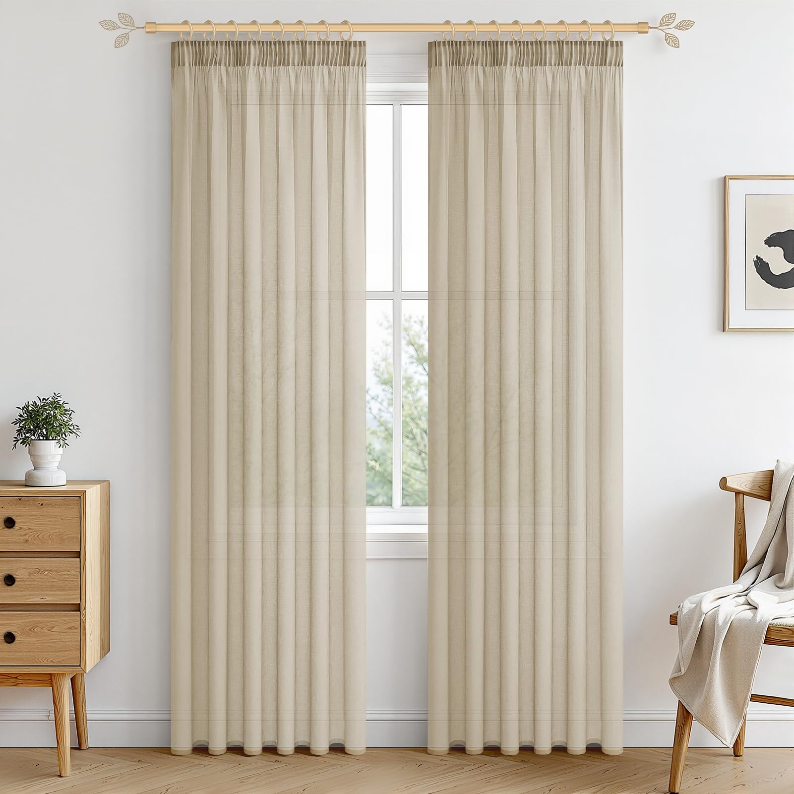 MRTREES 2 x Beige Net Curtains 140 x 200 cm Ruffled Tape Bedroom Interior Curtains with Door Rod for Living Room Bay Window Modern Design โ image 1
