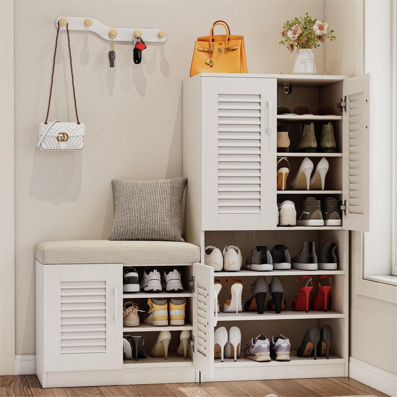 Spaco Shoe Cabinet with Storage Bench Set for Entryway,7-Tier Shoe Storage Cabinet and 3-Tier Cushioned Shoe Bench with Louvered Door,Freestanding Shoe Rack Organizer for Hallway(White) (White)