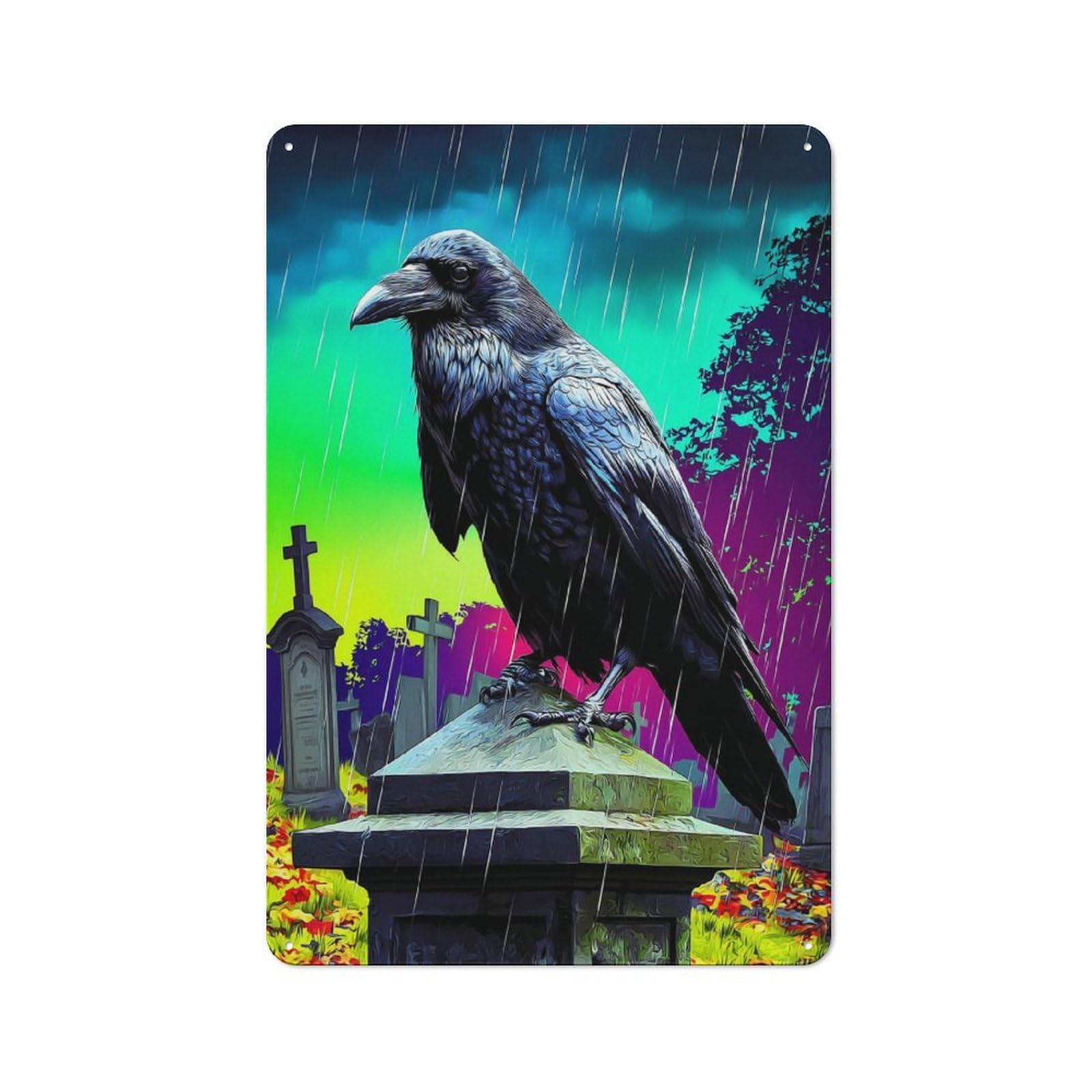 Junmoney Rainbow Graveyard Raven Tin Wall Plaque With Design 30X20cm, Country Vintage Cottage Wall Art For Kitchen, Cottage, Porch Or Garden Room