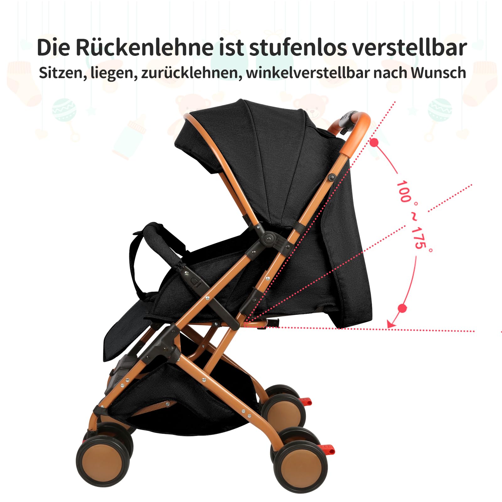 Homewell Passeggino Pieghevole per Bambini 0-6 Anni, Sdraiati Piatti, Pieghevole Una Mano, Cintura Sicurezza, Tettuccio Parasole (Nero)