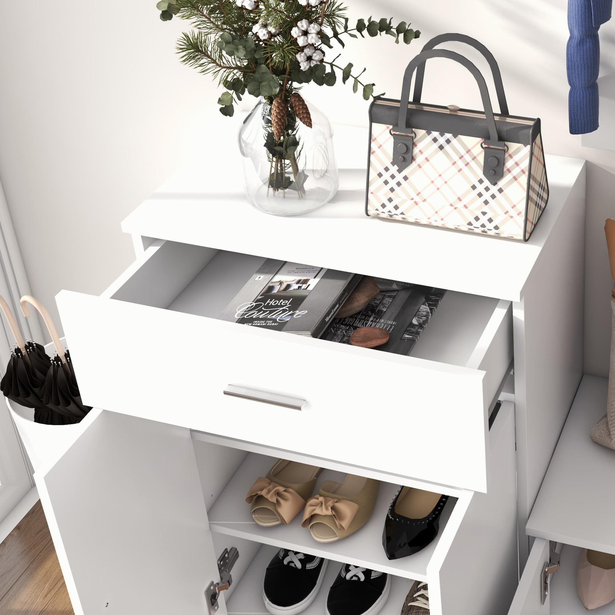 HOMCOM Scarpiera con Appendiabiti a Combinazione per Ingresso e Camera da Letto Legno 100x32x187cm Bianco