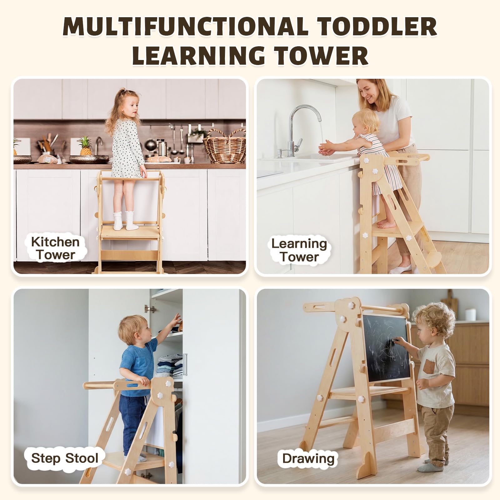 labebe Klappbar Lernturm für Kinder, Montessori Learning Tower mit Zweiseitige Tafel, 3 in 1 Einstellbare Höhe und Breite Lerntower, Multifunktion Lernturm ab 1 Jahr für Küche（Holz）
