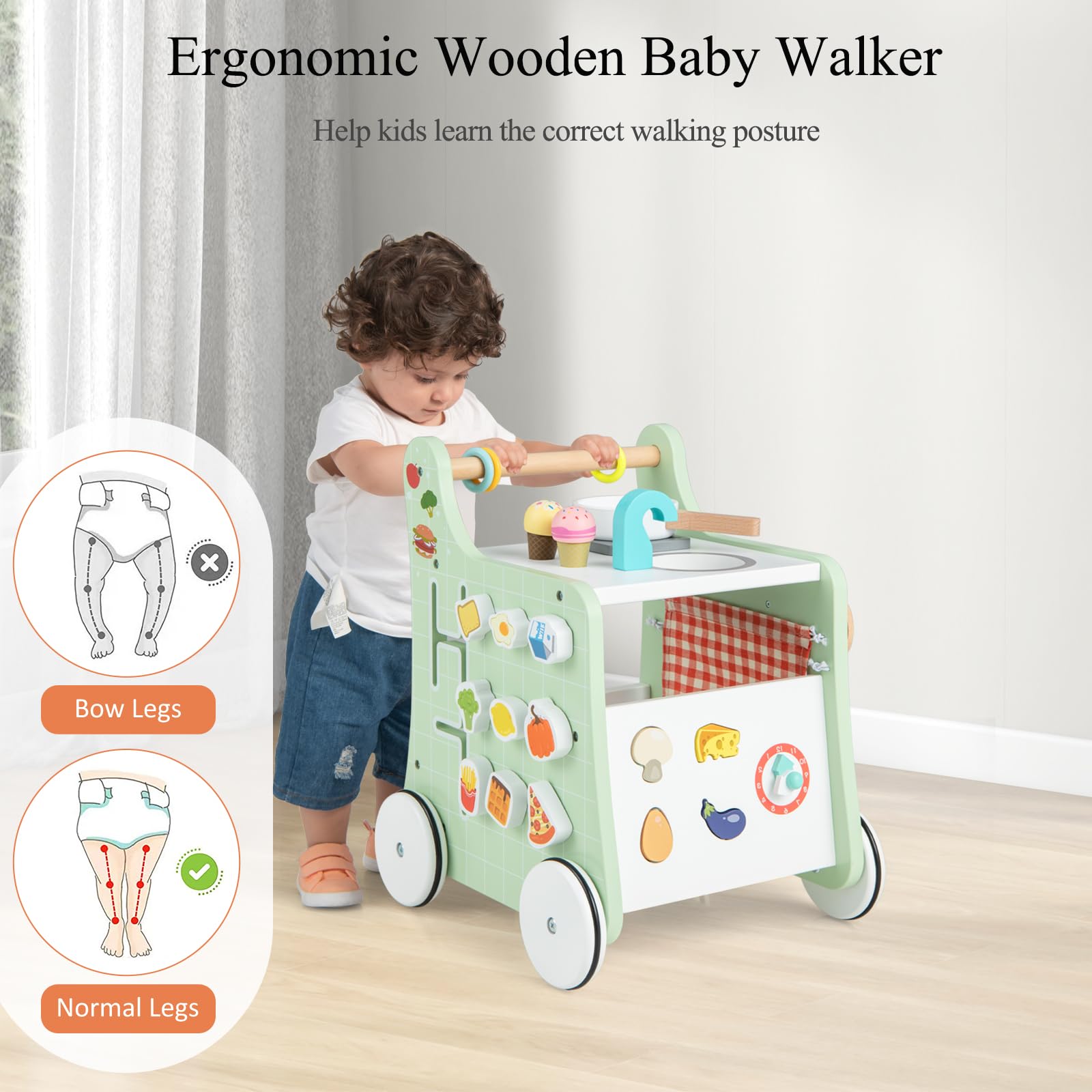 LIFEZEAL Lauflernwagen für Kinder ab 1 Jahren, Lauflernhilfe aus Holz, Baby Walker mit Spielküche & Rädern & Bauklötzen, Baby Aktivitätszentrum Set