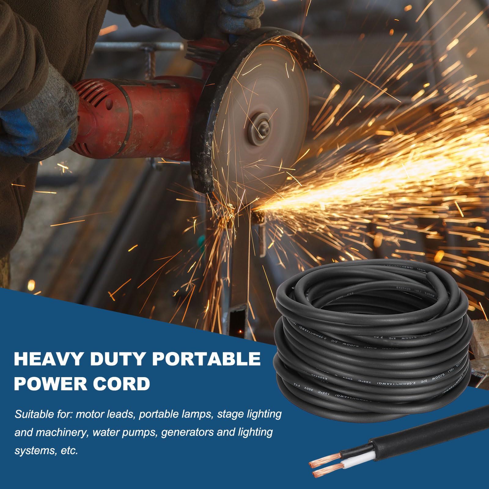 QUARKZMAN Cable Eléctrico SJOOW Calibre 14 2 Conductores 50 Pies 14 AWG Cable De Potencia Portátil 300V Para Generadores Luces LED Cargadores De Baterías Cable De Extensión Flexible