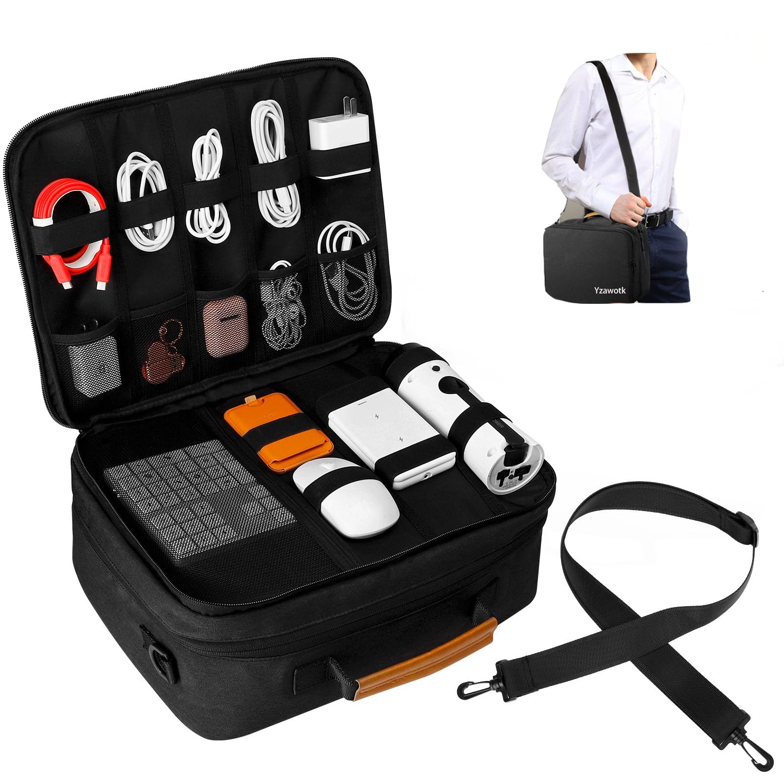 Extra Large Electronics Organizer Travel Case, Cable Organizer Bag with Shoulder Strap, Electronics Accessories Storage Double Layer Bags for Cord, Tablet, Headphone, Charger, Tools, DJ Gifts-Black