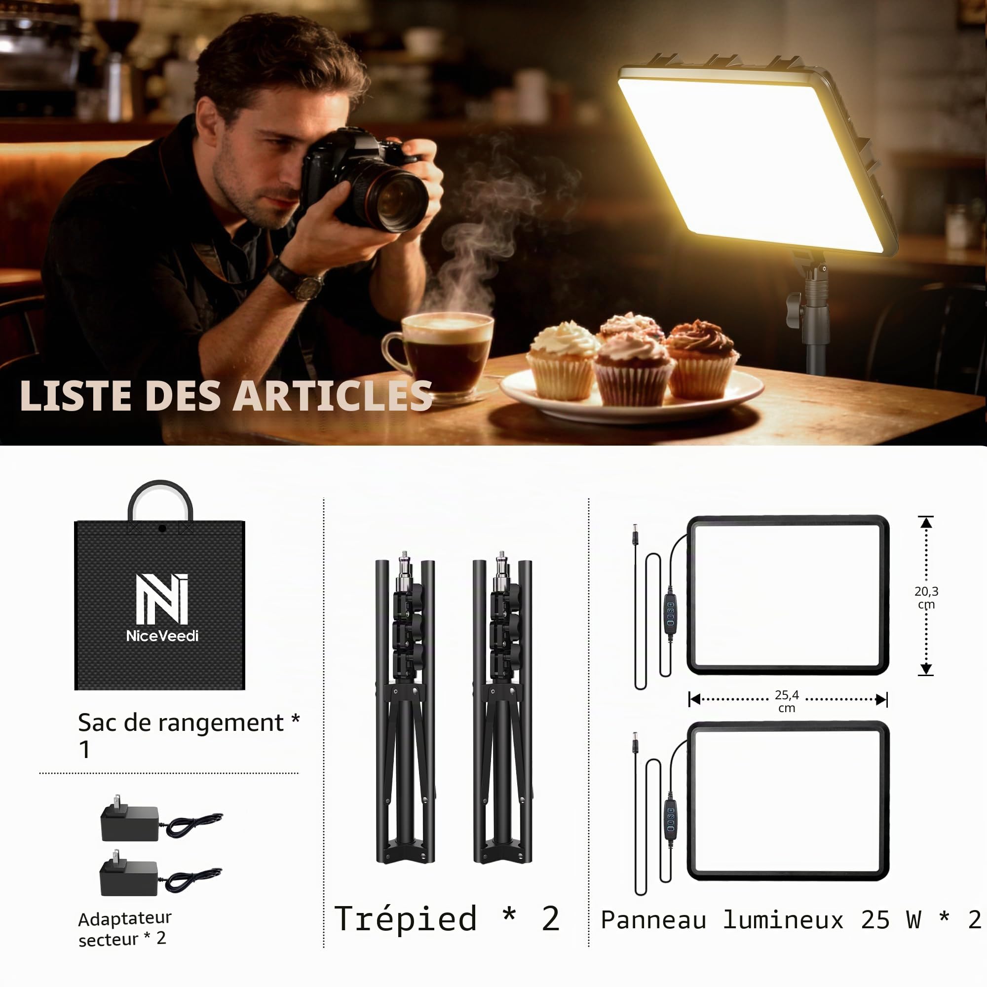 Lot de 2 Kits d'éclairage Vidéo Panneau LED 22 W, Lumière de Studio à Intensité Variable 2900-7000 K avec Trépied et Chargeur, Lumière pour Enregistrement Vidéo, Prise de Vue, Youtube