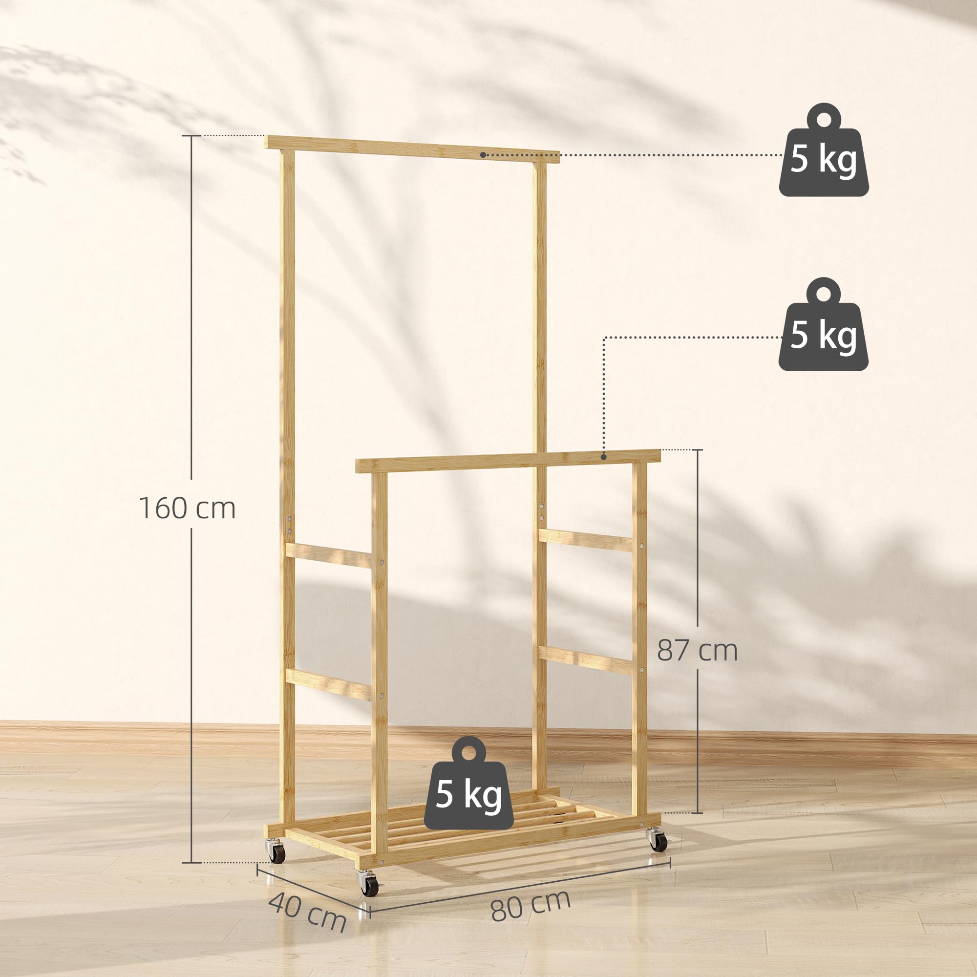 HOMCOM Stand Appendiabiti da Terra con 2 Barre e 4 Ruote Attaccapanni Salvaspazio con Ripiano Inferiore in Bambù per Camera da Letto Soggiorno 80x40x160 cm Legno Naturale