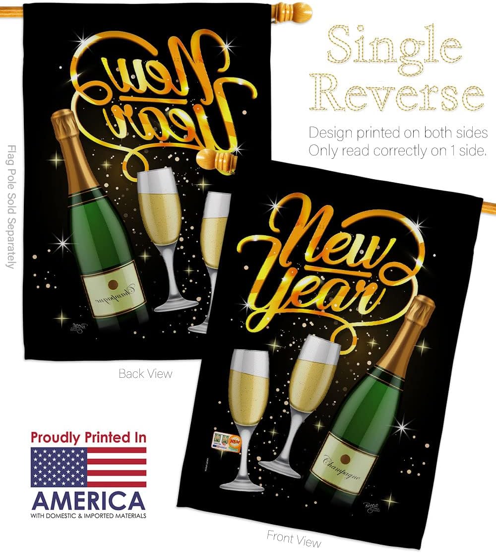 Cheers To Happy New Year House Flag Dowel Set Clock Countdown Champagne Party Fireworks Celebrate Small Decorative Gift Yard Banner Made In USA 28 X 40