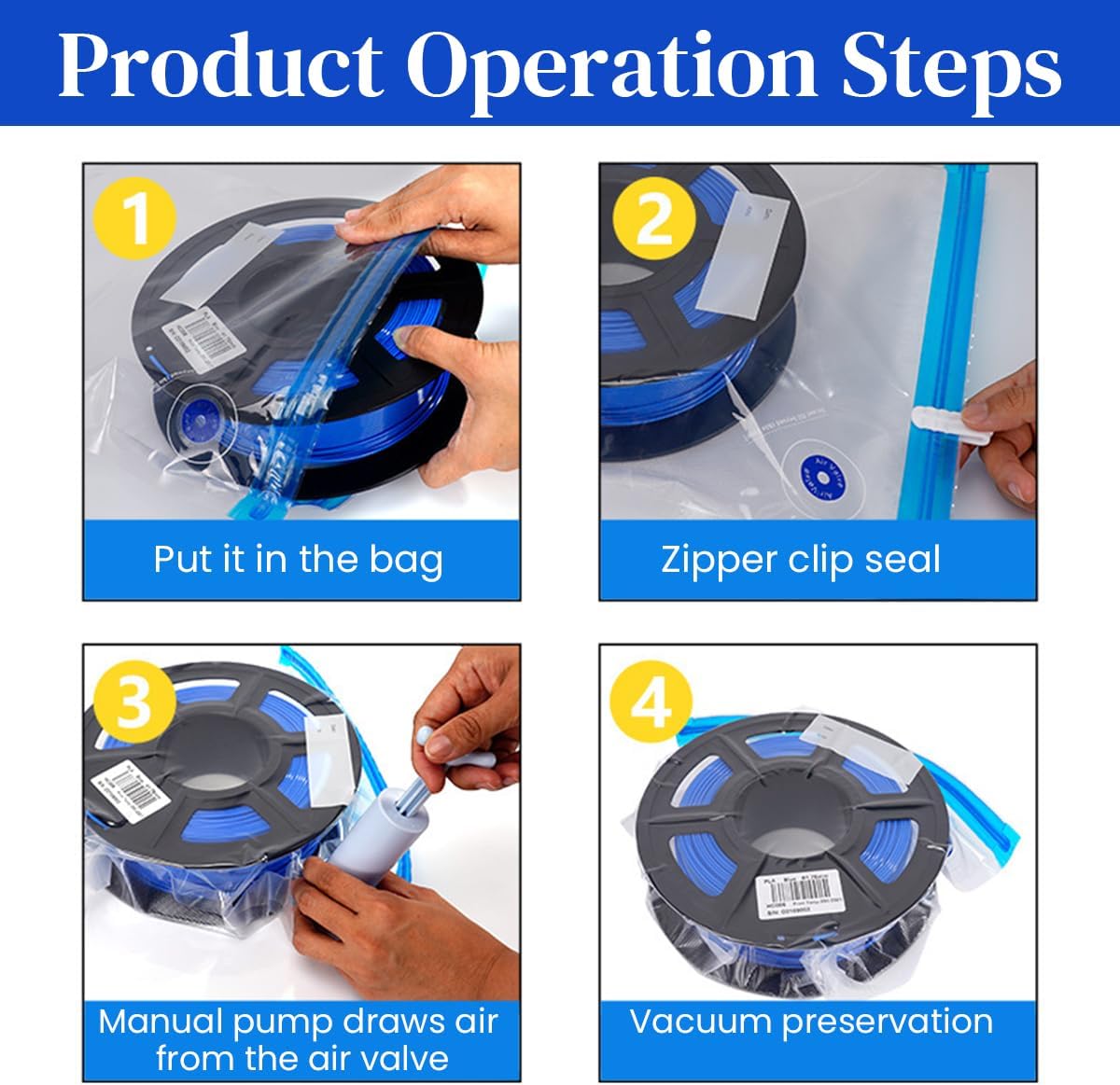 Serplex® 10Pcs for 3D Printer Filament Storage Bags with Manual Air Pump & 4 Sealing Clips 30x34cm Reusable Vacuum Storage Bag for PLA ABS PETG Filaments Anti-Moisture Vacuum Filament Storage Bag