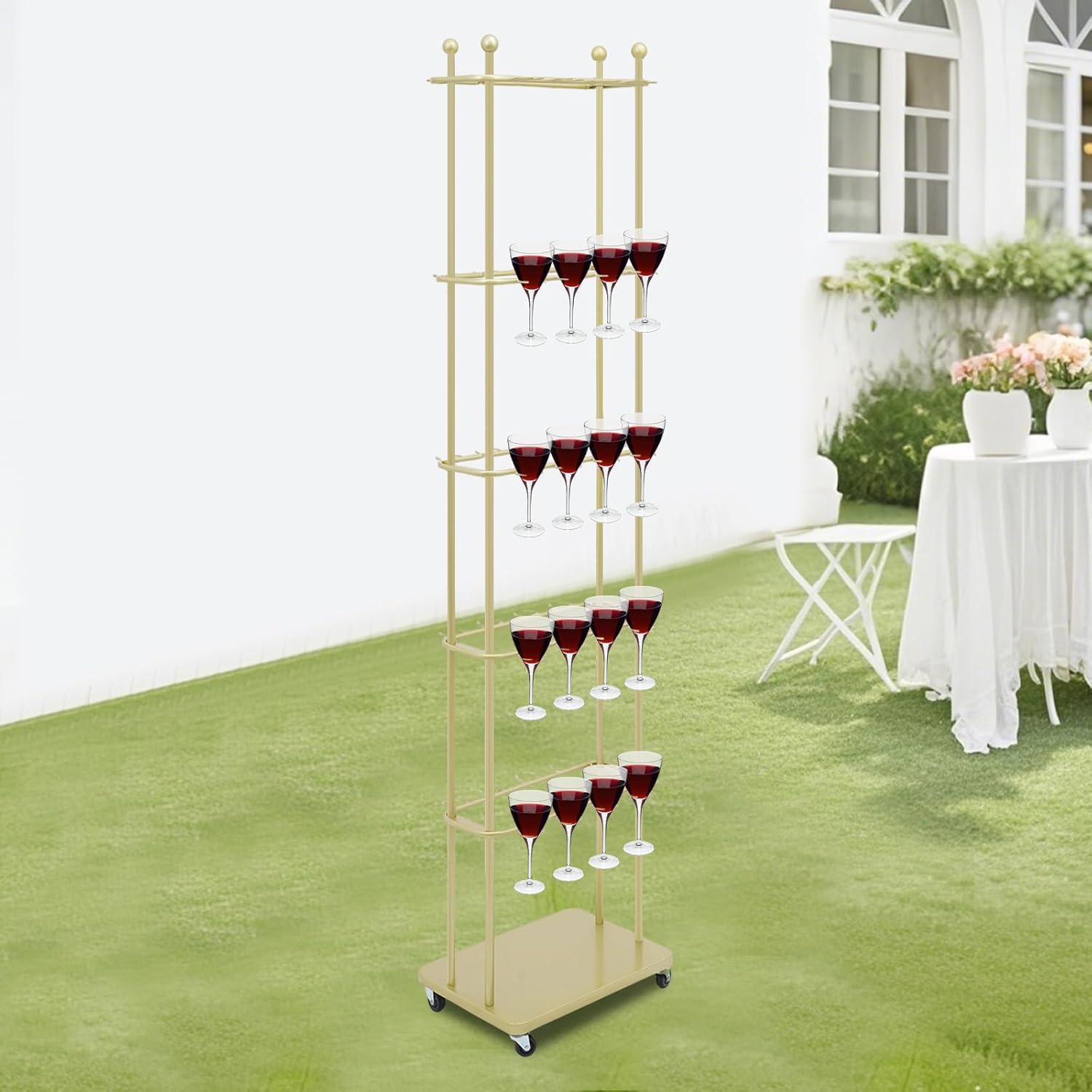 Champagne Wall Holder for Party, 5 Tier Metal Champagne Tower Stand Wine Glass Stemware Rack Champagne Flute Holder with Wheels Wine Glass Display Holder Hold Up to 40 Cups (Gold)