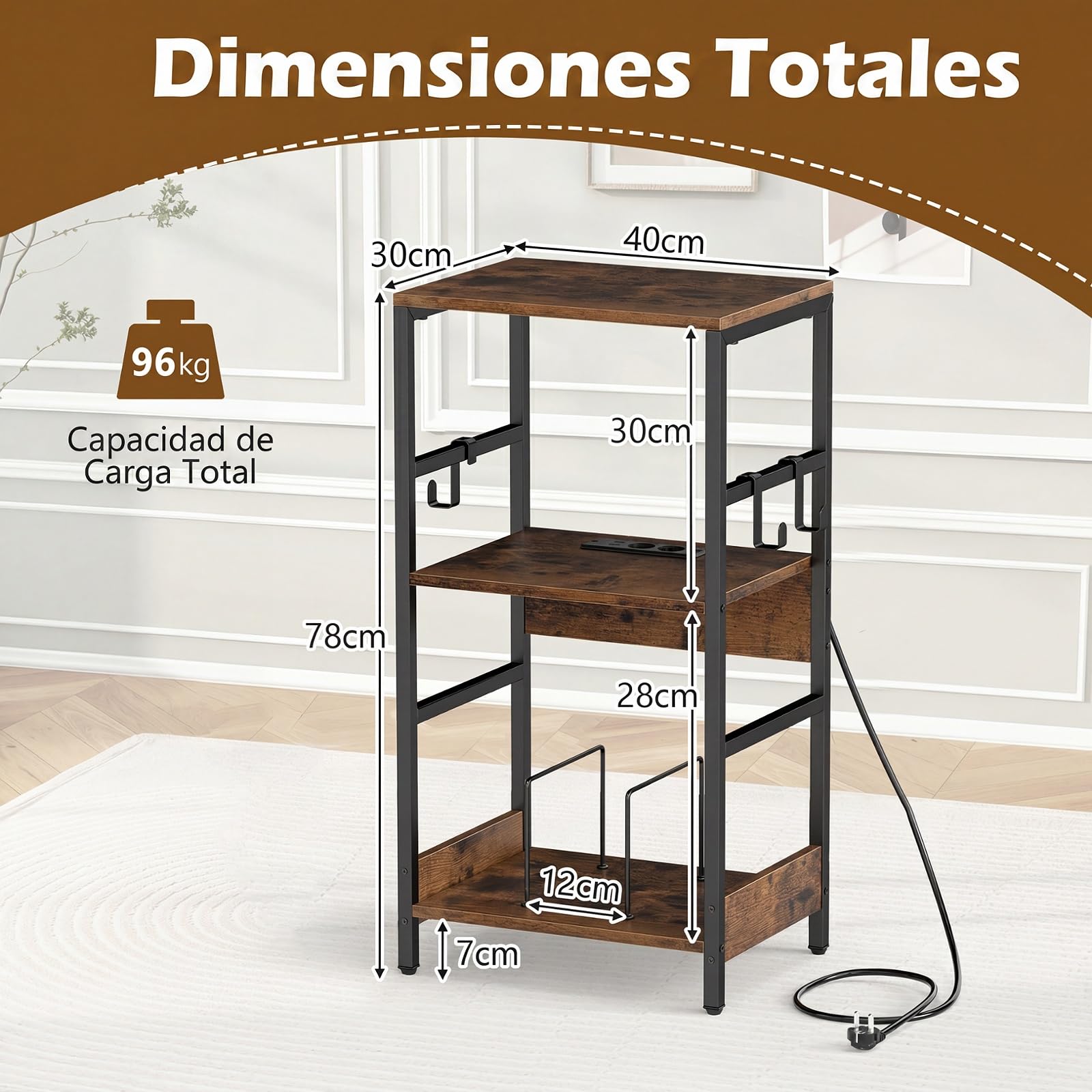 COSTWAY Soporte para Tocadiscos con Estación de Carga, Mueble Tocadiscos Vinilos con Separadores, 3 Ganchos, Mueble de Almacenamiento de 3 Niveles para Discos Álbumes Salón (40×30×78cm)