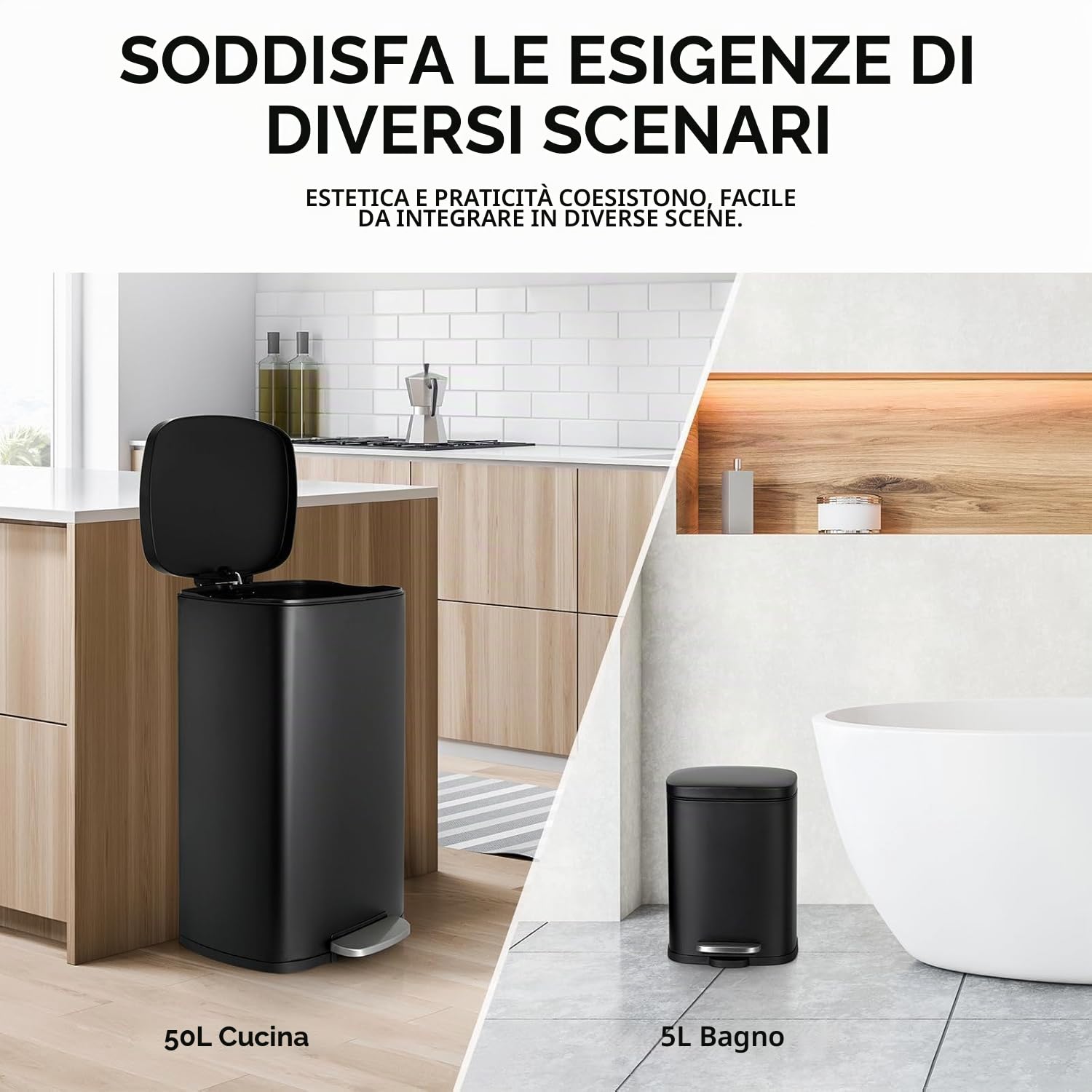 LIFERUN Set Pattumiera Cucina 50l + 5l, Set di Cestino a Pedale in Acciaio, con Chiusura Silenziosa, Secchio Interno, isolare gli odori, Grande Pattumiera, per Ufficio, Casa, Camera, Nero