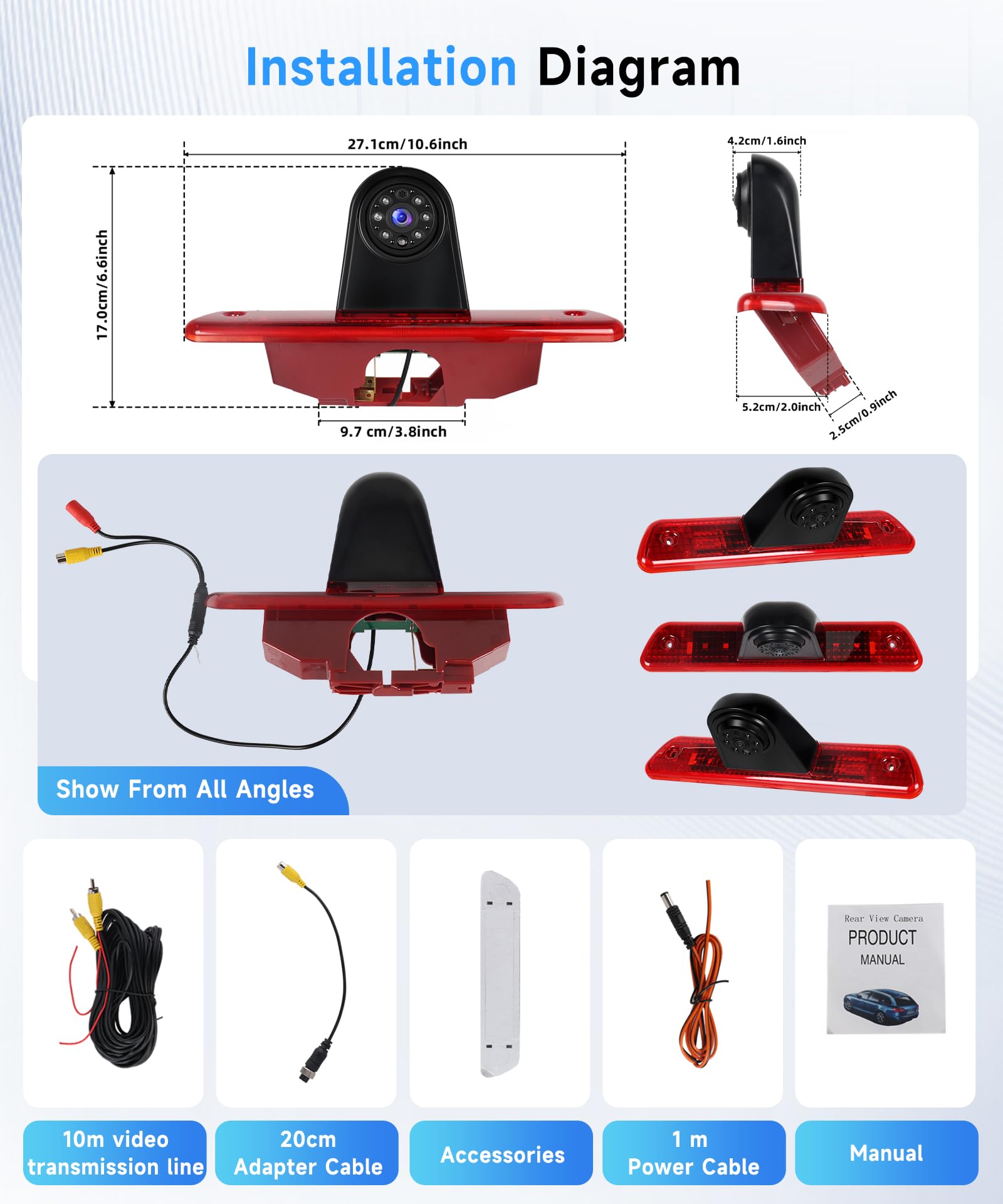 Hodozzy Caméra de Recul pour Citroen Jumpy/Peugeot Expert/Toyota Proace/Fiat Scudo 2007-2016,Caméra de Troisième Feu Stop de Voiture,Vision Nocturne IR, Etanche IP67,Angle Réglable,Avec Ligne Inversée