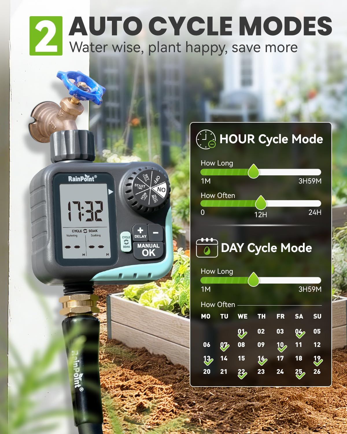 RAINPOINT Minuteur d'arrosage – Minuteur de cycle et de trempage pour tuyau d'arrosage avec arrosage automatique/arrosage manuel/retard de pluie, programmable pour système d'irrigation, pelouse, cour